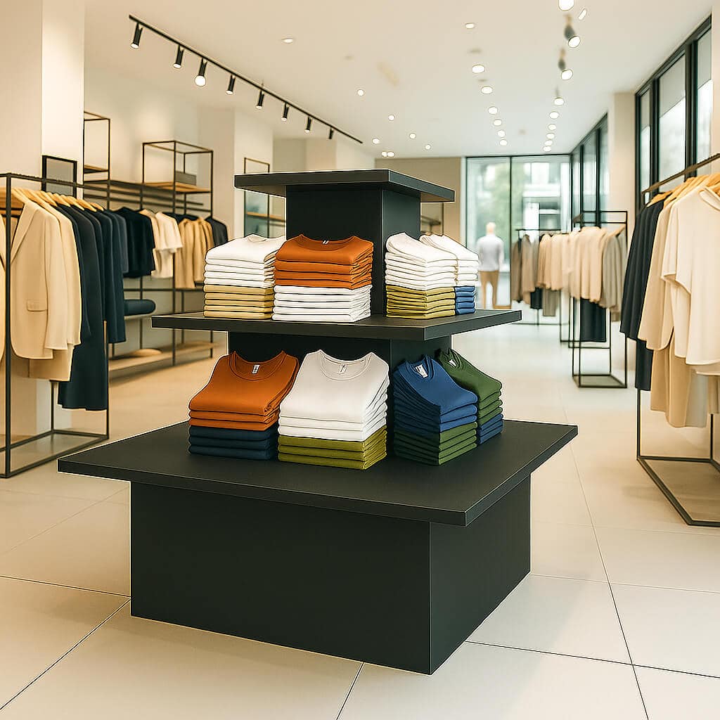 Black 3-tier square retail island display for commercial shop merchandising