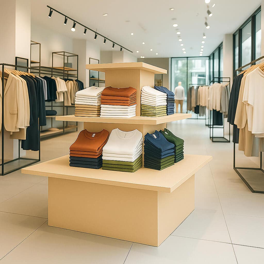 Cream 3-tier square retail island display for commercial shop merchandising