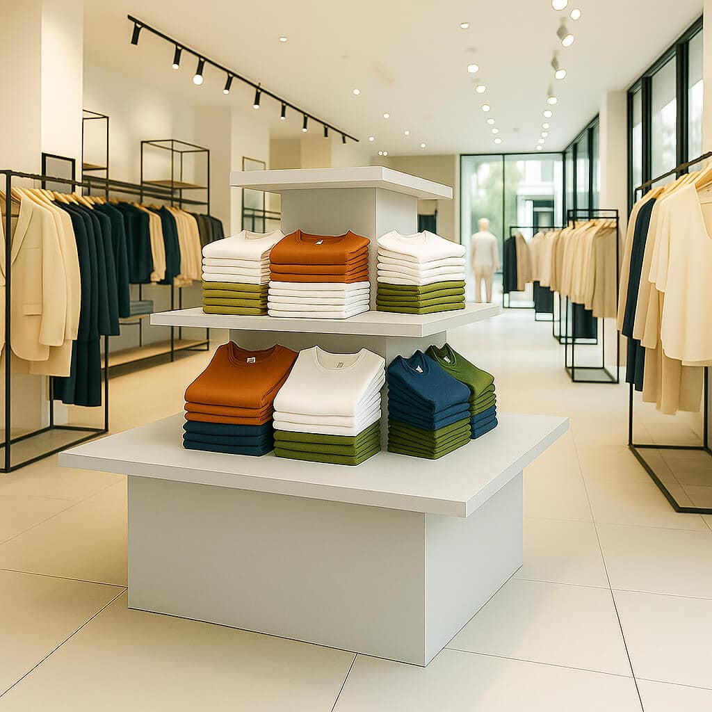 3-Tier square retail island display with folded sweaters in a clothing store