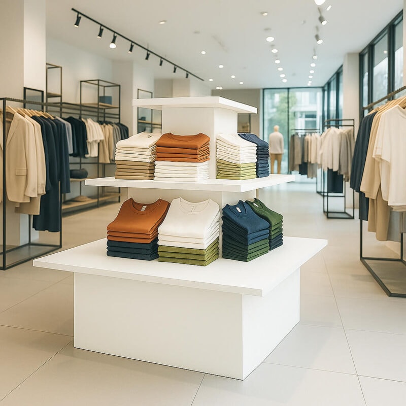 White 3-tier square retail island display for commercial shop merchandising