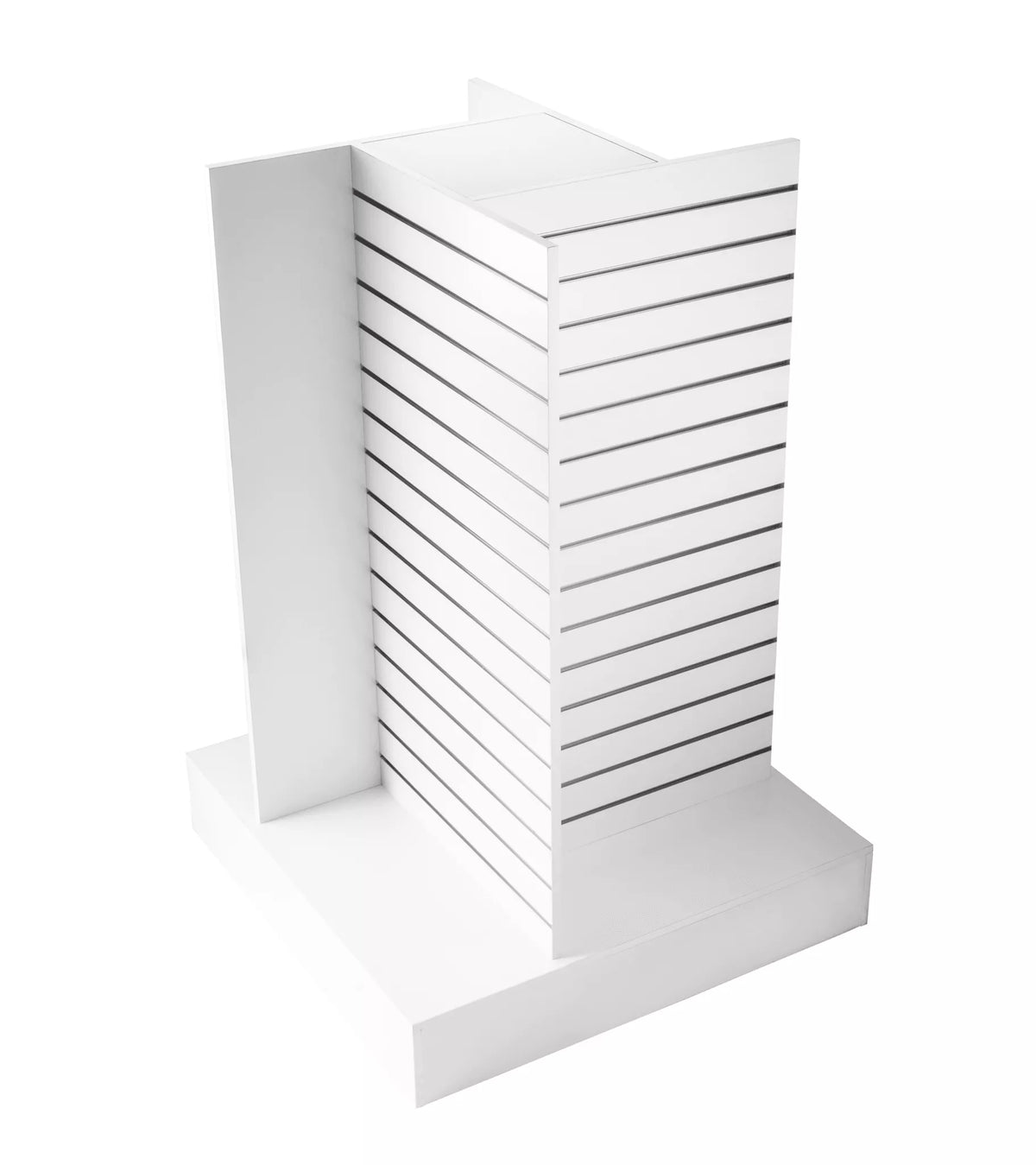 White 4-way slatwall retail gondola with aluminium inserts