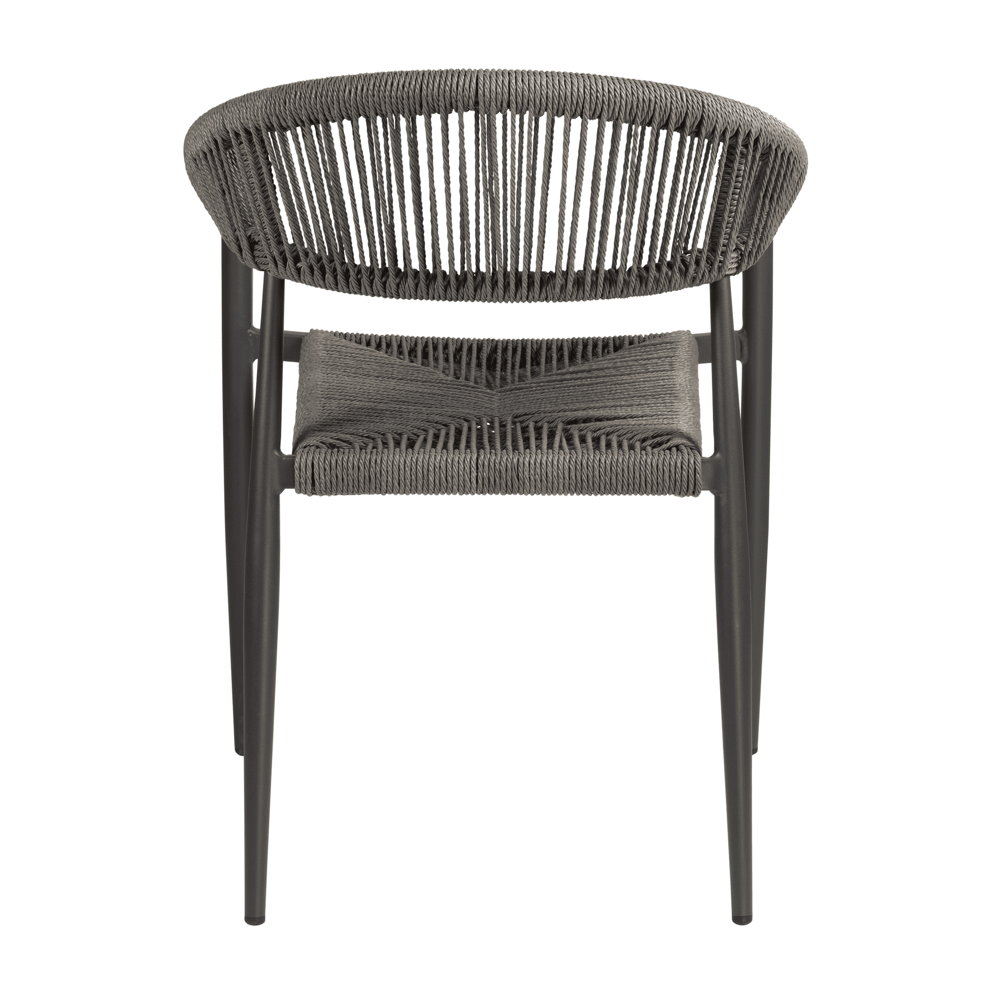 Atlantic Stacking Armchair - Dark Grey viewed from the back, featuring a woven rope design and slim angled legs, suitable for commercial interiors and hospitality settings.