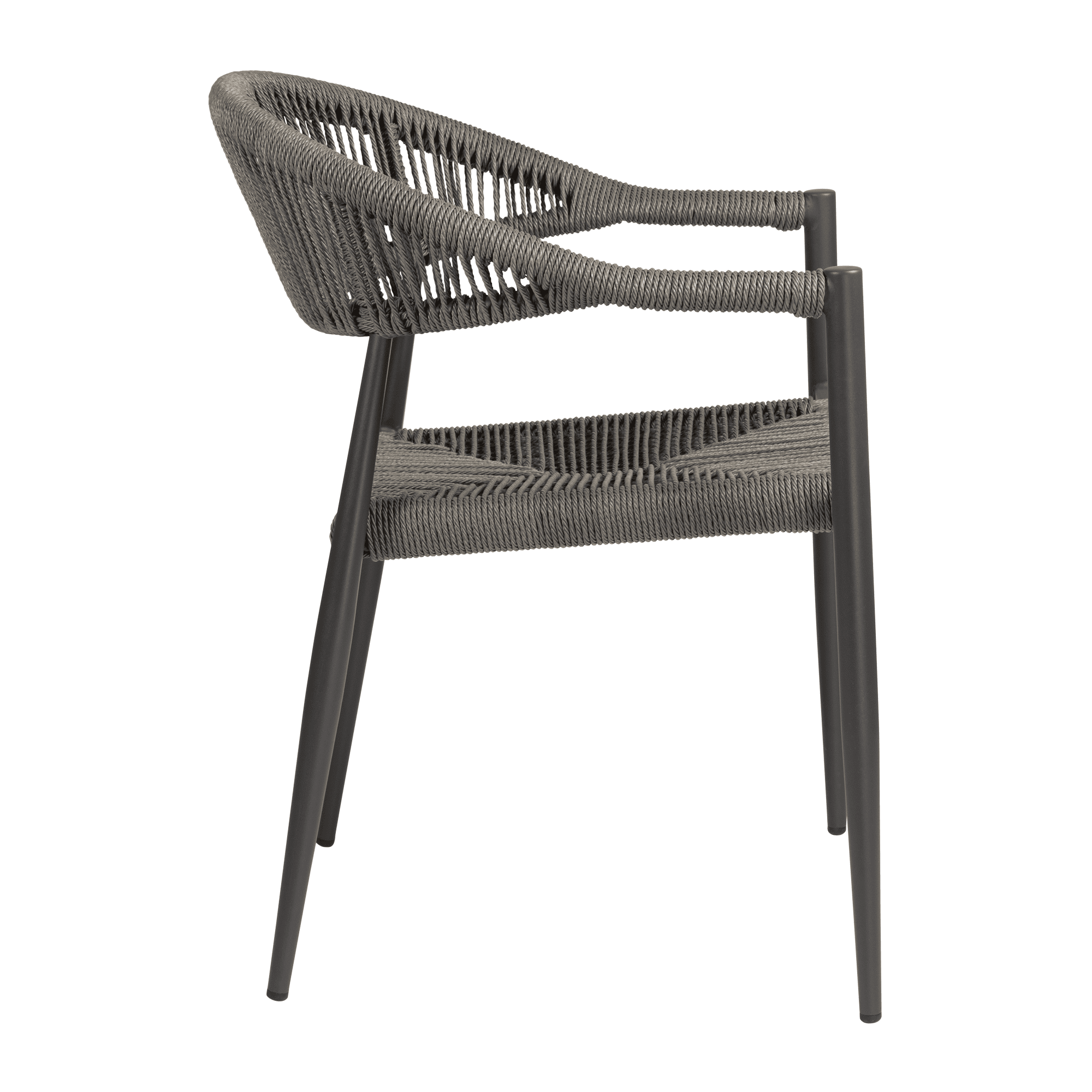 Atlantic Stacking Armchair - Dark Grey with woven rope detailing on the seat and backrest, supported by sleek metal legs designed for commercial and contract use.