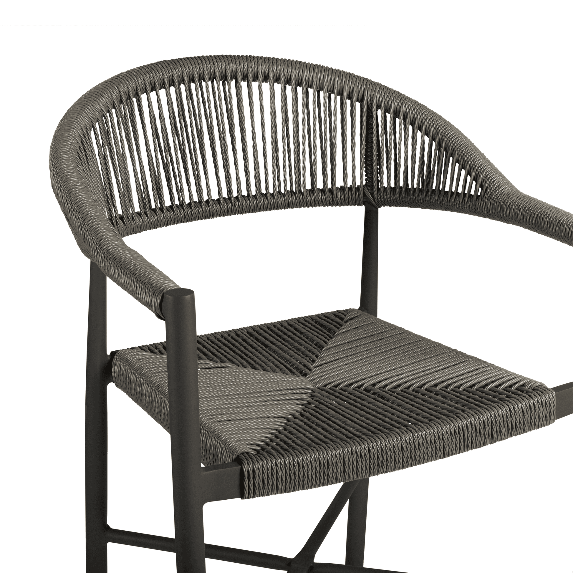 Atlantic Stacking Armchair - Dark Grey with woven cord seat and backrest on a sleek black metal frame, designed for commercial and hospitality environments.