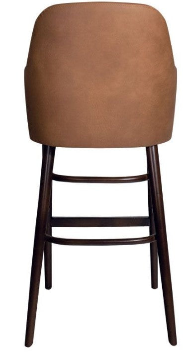 Rear view of Aztec Bar Stool LegsN109 CognacVintageElegance Faux Leather with smooth cognac faux leather upholstery and dark wooden legs designed for commercial and hospitality interiors.