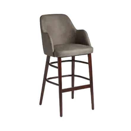 Aztec Bar Stool - Steel Grey upholstered seat with supportive arms and dark wooden legs, designed for comfortable and stylish seating in commercial or hospitality spaces.
