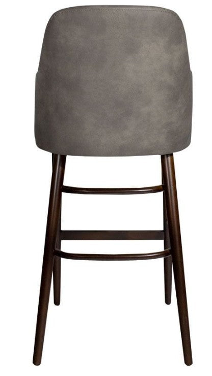 Rear view of the Aztec Bar Stool - Steel Grey featuring a smooth steel grey upholstered backrest and dark wooden legs with supportive crossbars for enhanced stability.