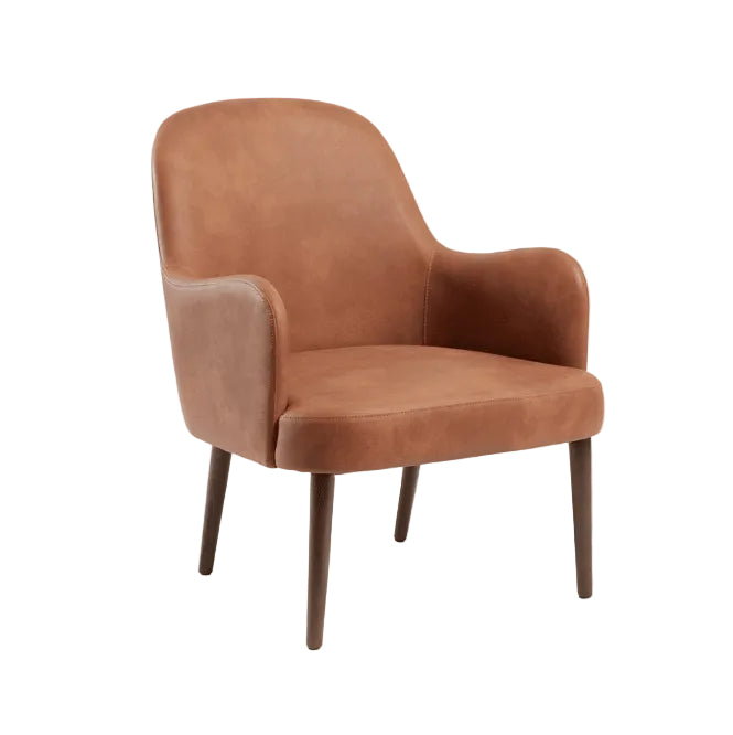 Aztec Lounge Arm Chair - Cognac features smooth, warm brown upholstery with a sleek, modern design and wooden legs, ideal for stylish commercial and hospitality interiors.