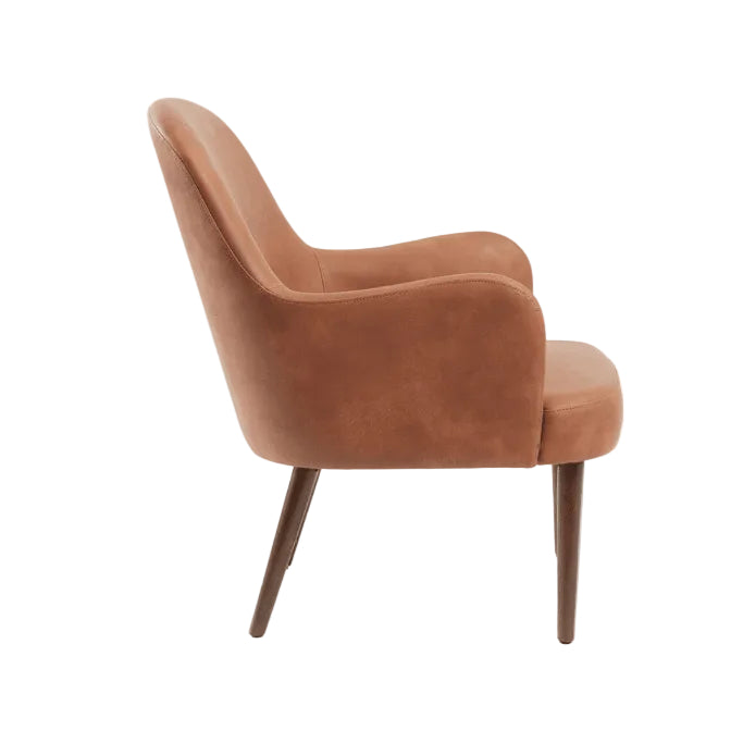 Aztec Lounge Arm Chair - Cognac with smooth, warm-toned upholstery and slender wooden legs, designed for comfort and style in contract and hospitality spaces.