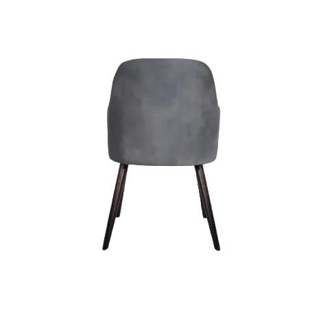 Back view of the Aztec Arm Chair - Steel Grey showing its smooth upholstered backrest and dark wooden legs, designed for commercial and hospitality spaces.