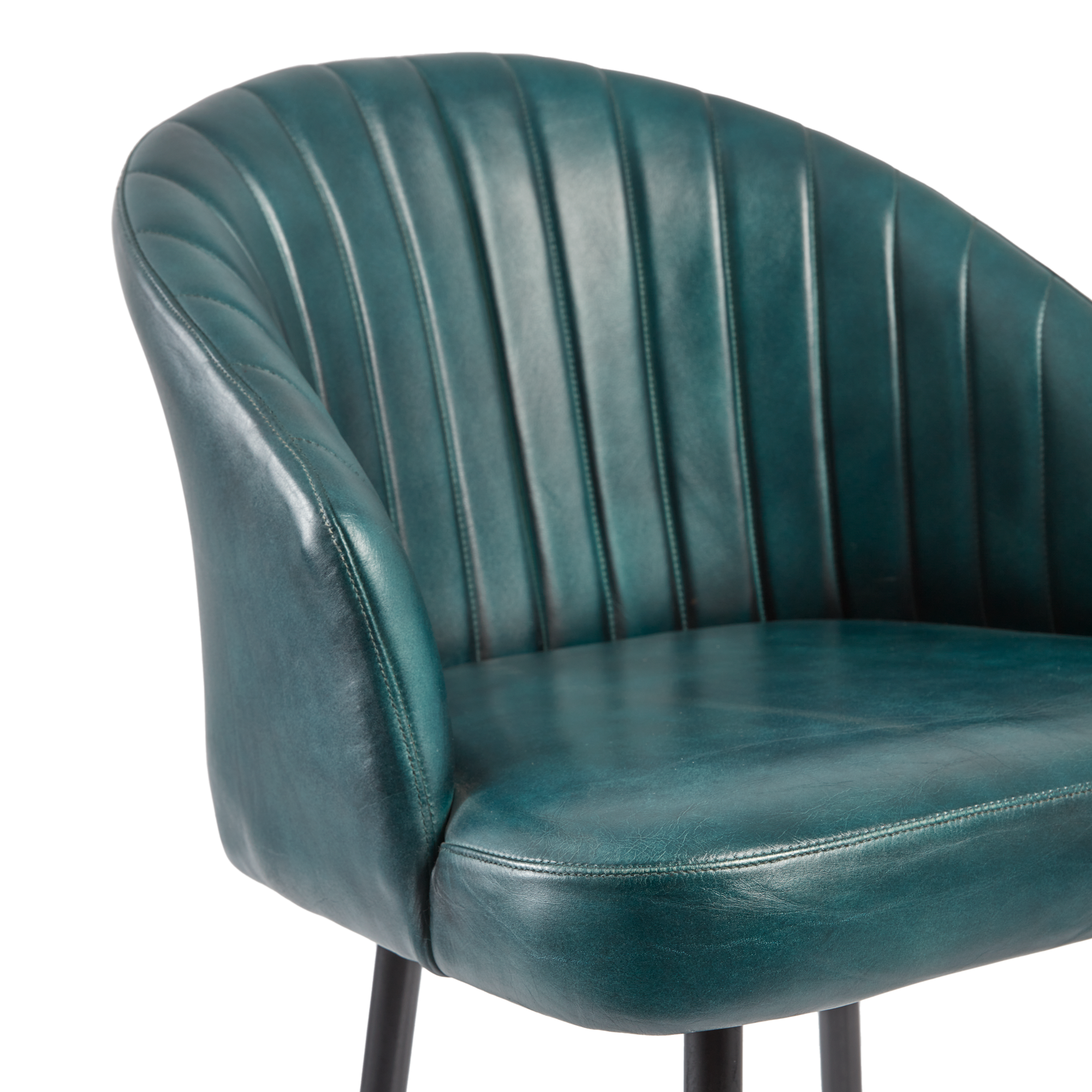 Close-up of the Brooklyn Leather Tub Chair - Vintage Blue showcasing its smooth vintage blue leather upholstery with vertical stitching and comfortable rounded design.