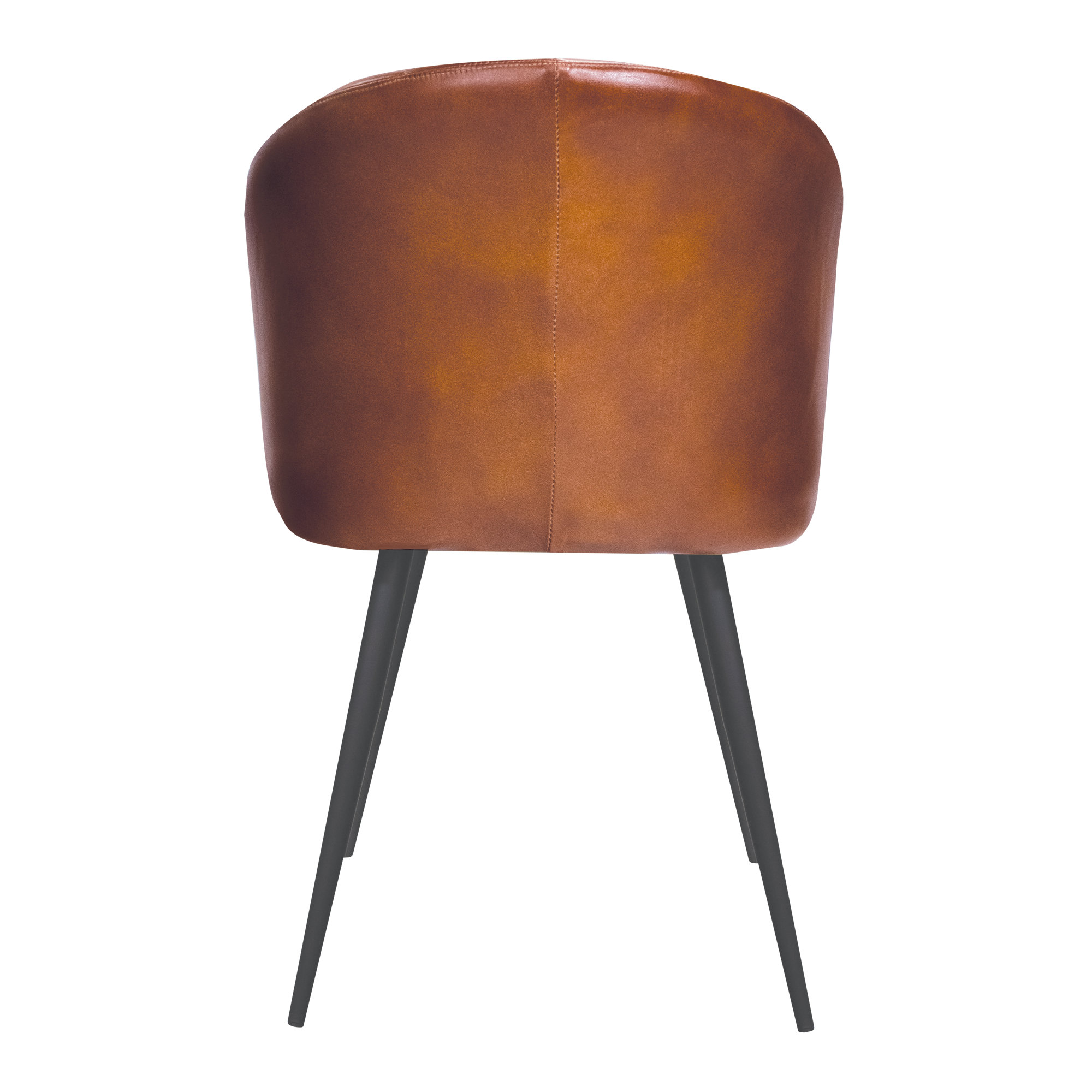 Brooklyn Leather Tub Chair - Bruciato Tan viewed from the back showing smooth tan leather upholstery and slender black metal legs in a minimalist style.