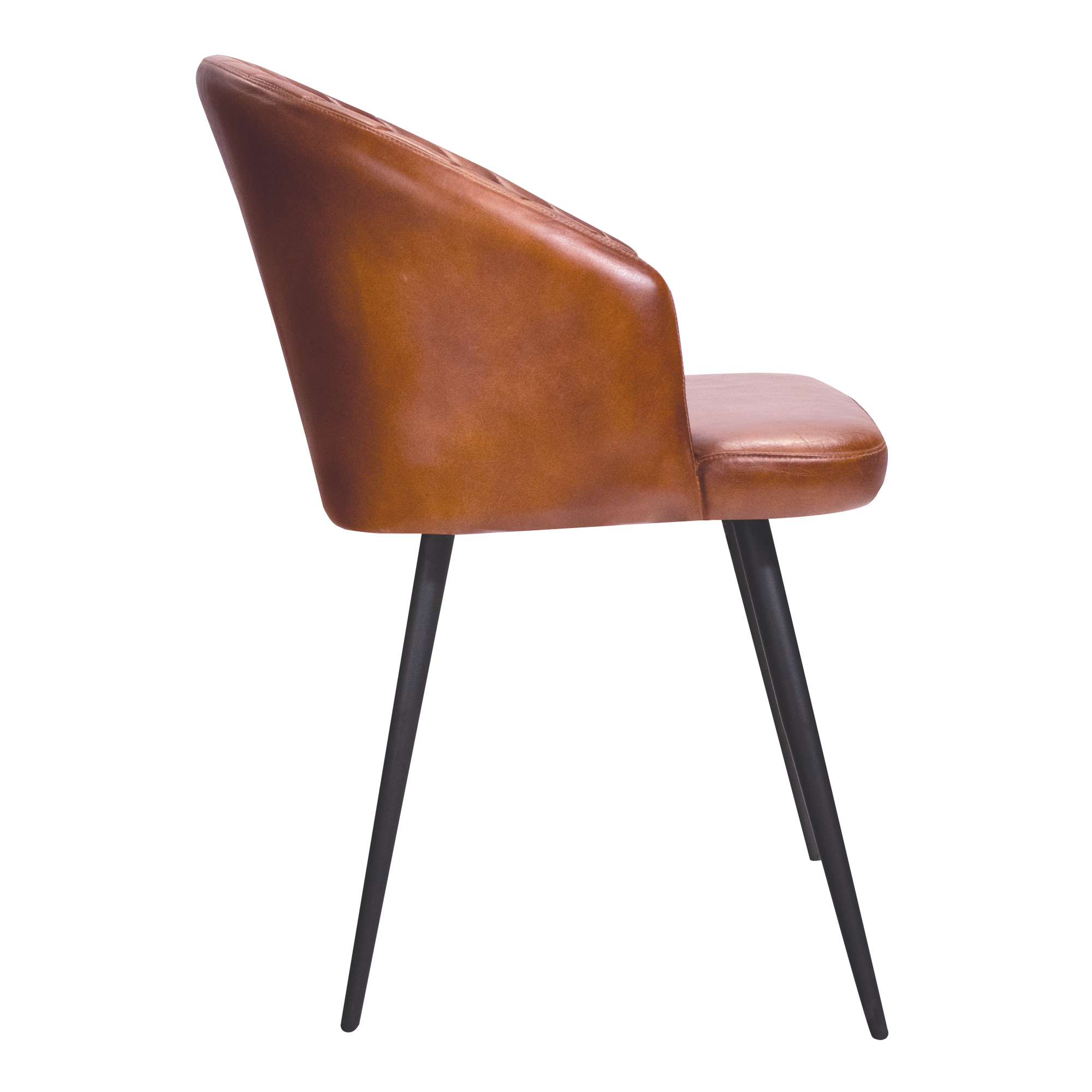 Side view of the Brooklyn Leather Tub Chair - Bruciato Tan featuring smooth tan leather upholstery and slender black metal legs, perfect for commercial and hospitality interiors.