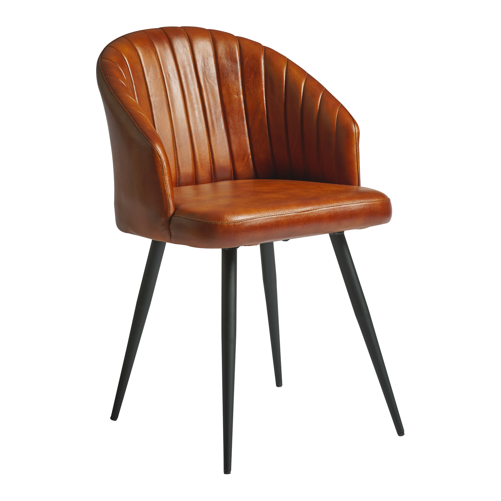 Brooklyn Leather Tub Chair - Bruciato Tan features a curved, vertically stitched leather seat with slender black metal legs, combining vintage style with modern comfort.