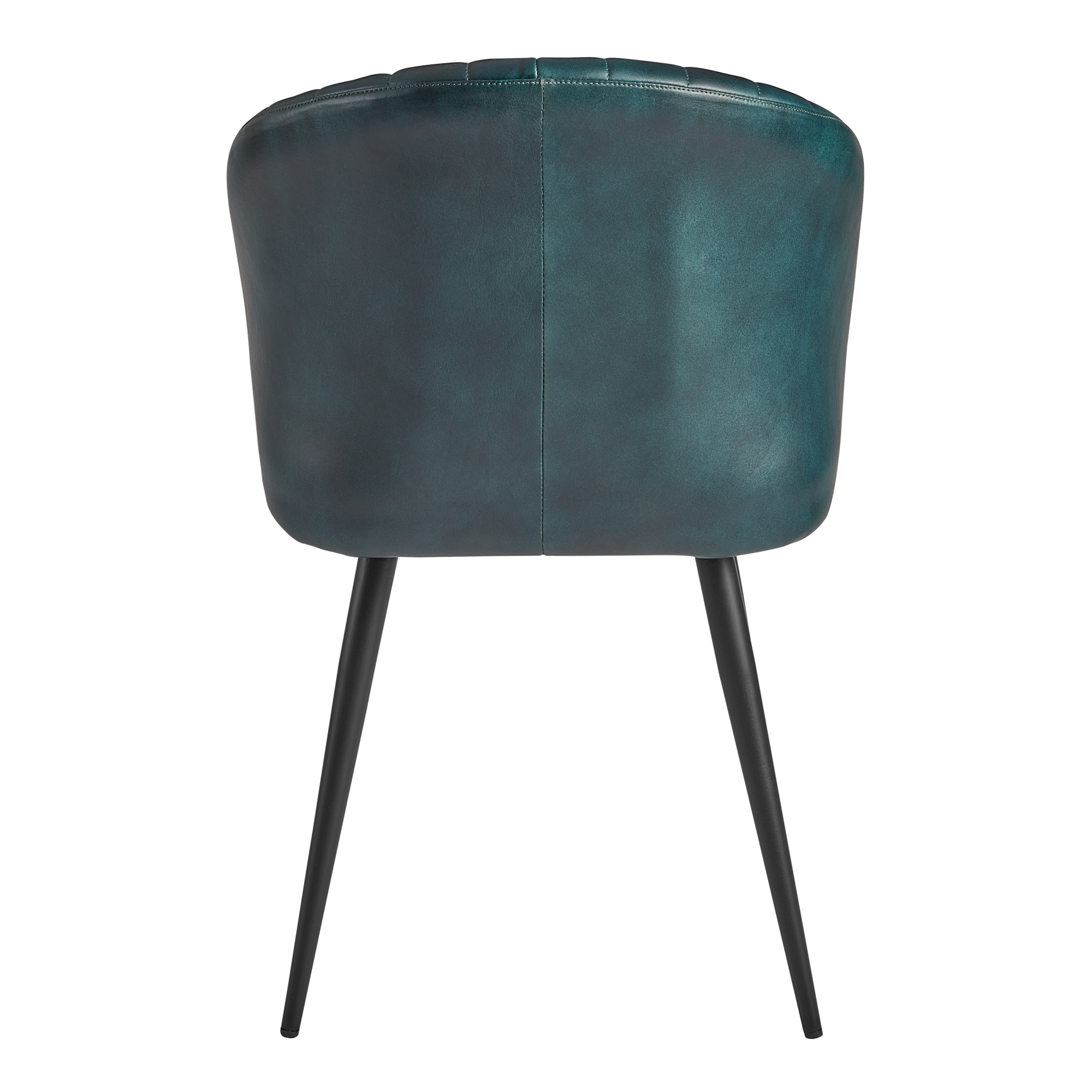 Brooklyn Leather Tub Chair - Vintage Blue viewed from the back, featuring smooth leather upholstery and slender black metal legs with a modern, elegant design.