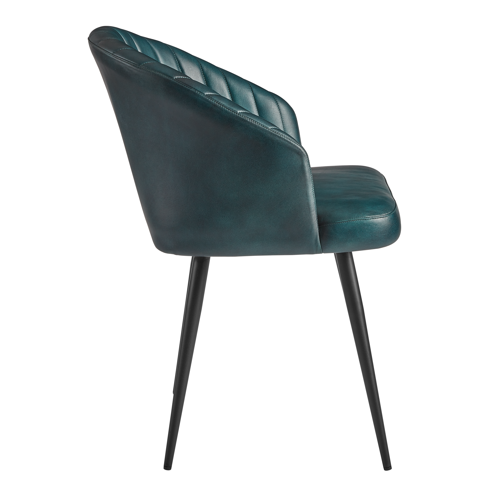 Brooklyn Leather Tub Chair - Vintage Blue featuring a sleek vintage blue leather upholstery with subtle stitching and slim black metal legs, designed for stylish commercial interiors.