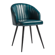 Brooklyn Leather Tub Chair - Vintage Blue upholstered in rich leather with vertical stitching, featuring a curved back and slender black metal legs for a modern look.
