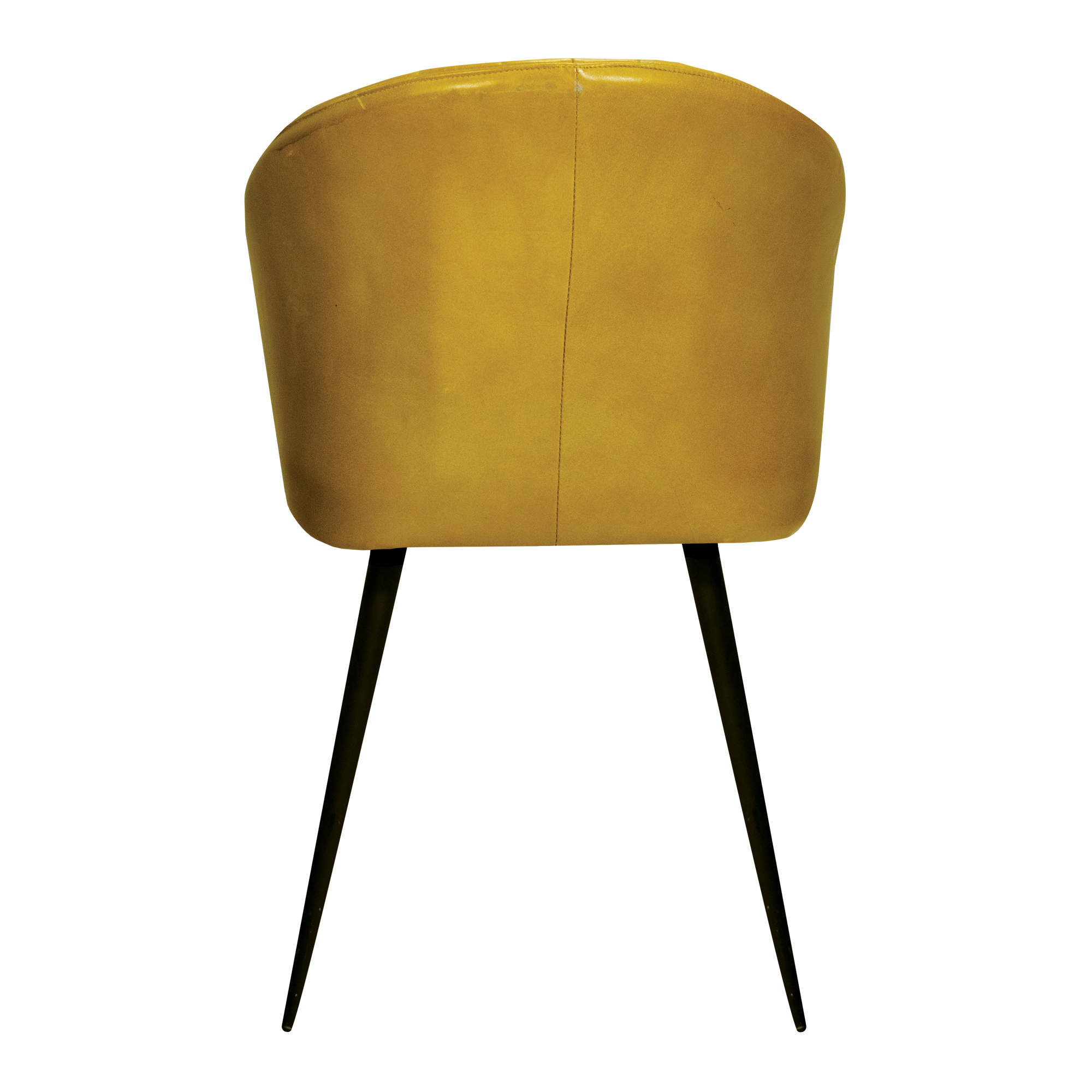 Brooklyn Leather Tub Chair - Vintage Gold shown from the back, highlighting its smooth leather upholstery and slender black metal legs in a sleek, modern design.