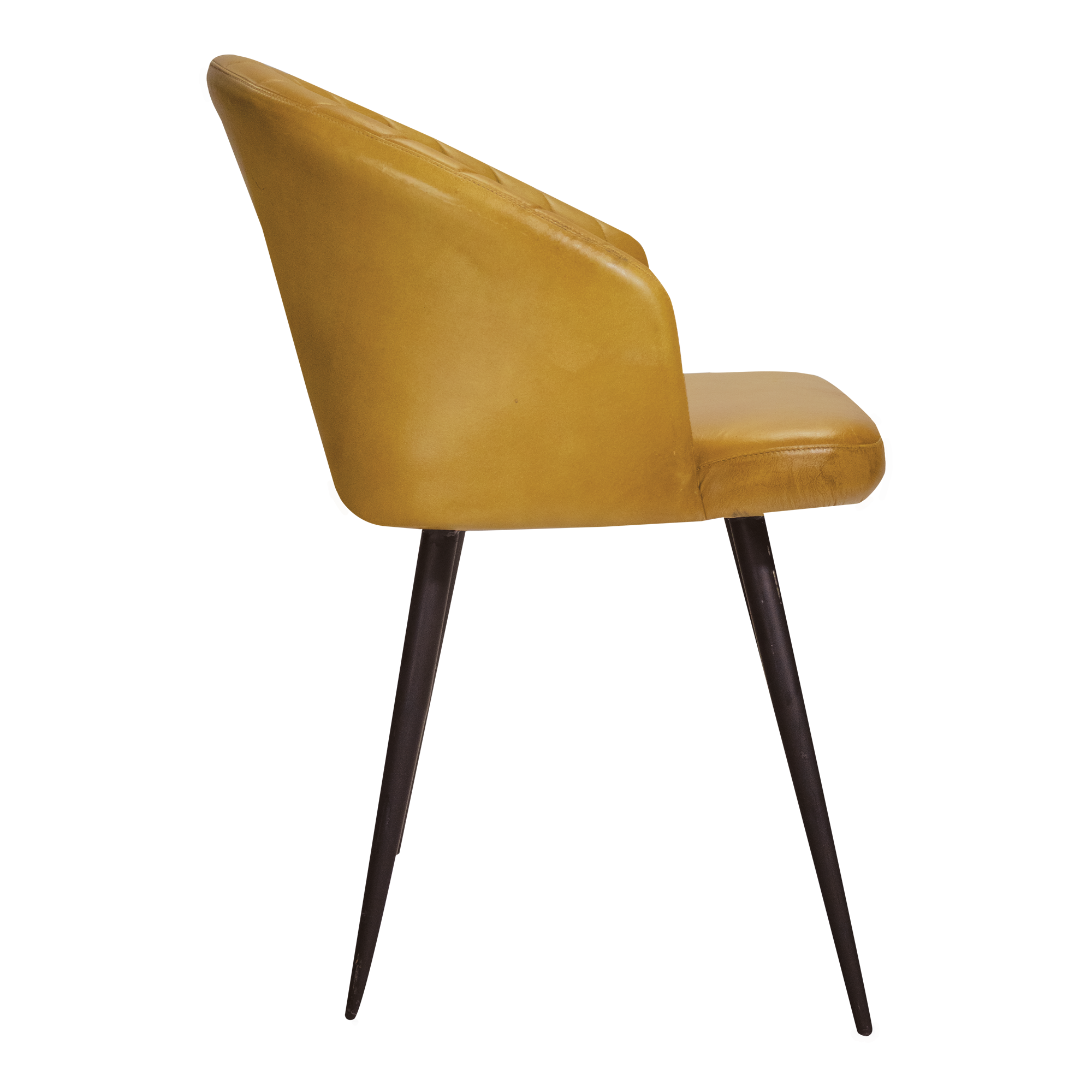 Side view of the Brooklyn Leather Tub Chair - Vintage Gold, featuring a smooth leather upholstery and slender dark metal legs, designed for stylish commercial interiors.