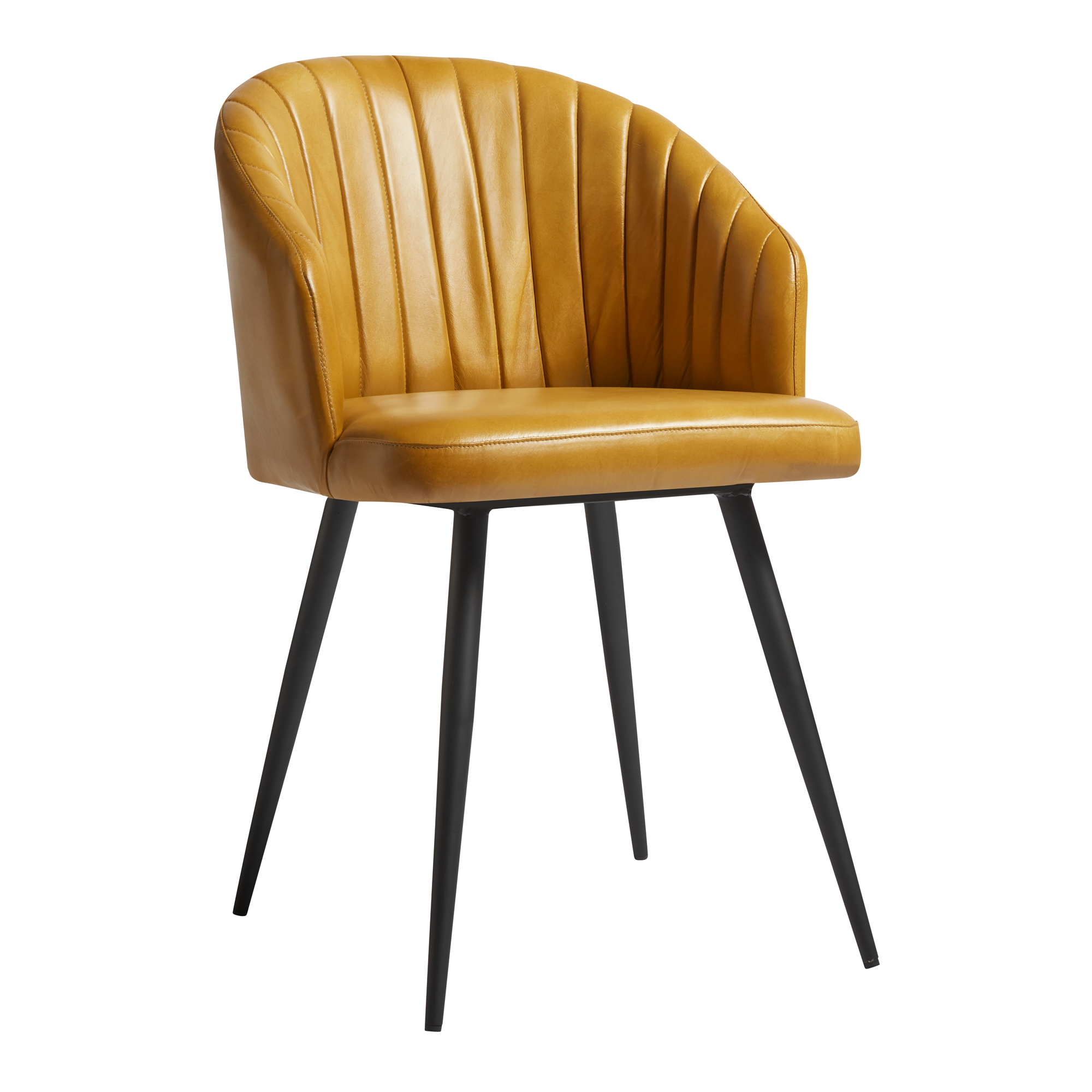 Brooklyn Leather Tub Chair - Vintage Gold featuring a curved backrest with vertical stitching, upholstered in rich vintage gold leather, supported by sleek black metal legs.