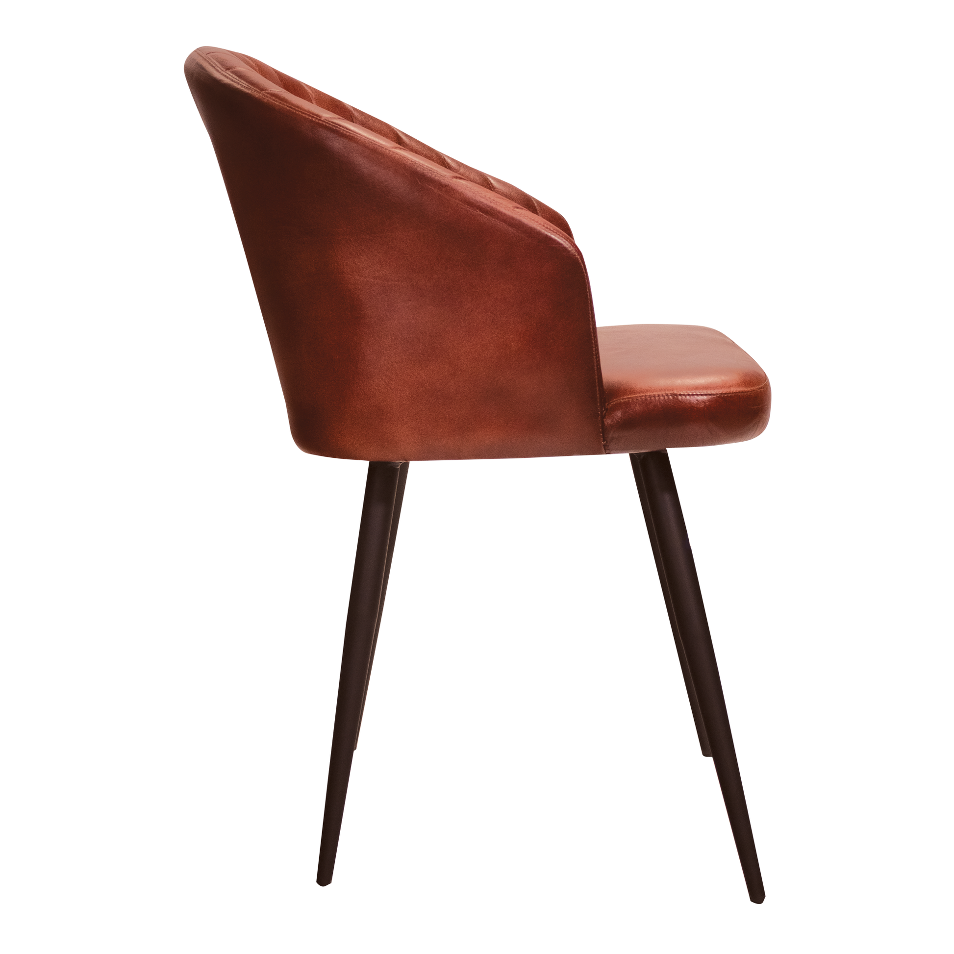 Side view of the Brooklyn Leather Tub Chair - Vintage Red, featuring smooth vintage red leather upholstery and slender dark legs, designed for stylish commercial interiors.