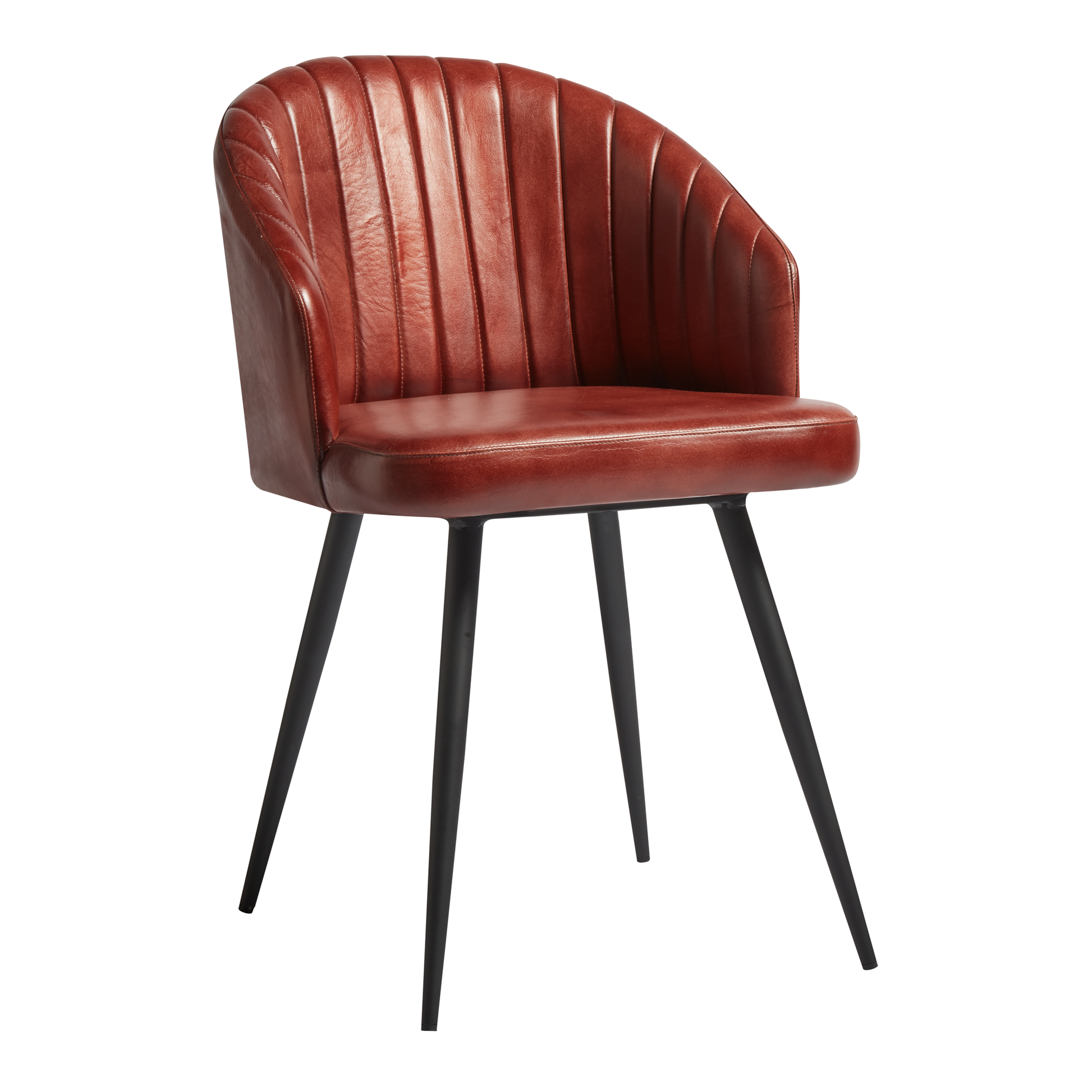 Brooklyn Leather Tub Chair - Vintage Red with vertical stitched detailing, curved backrest, and slender black metal legs designed for stylish commercial or hospitality interiors.