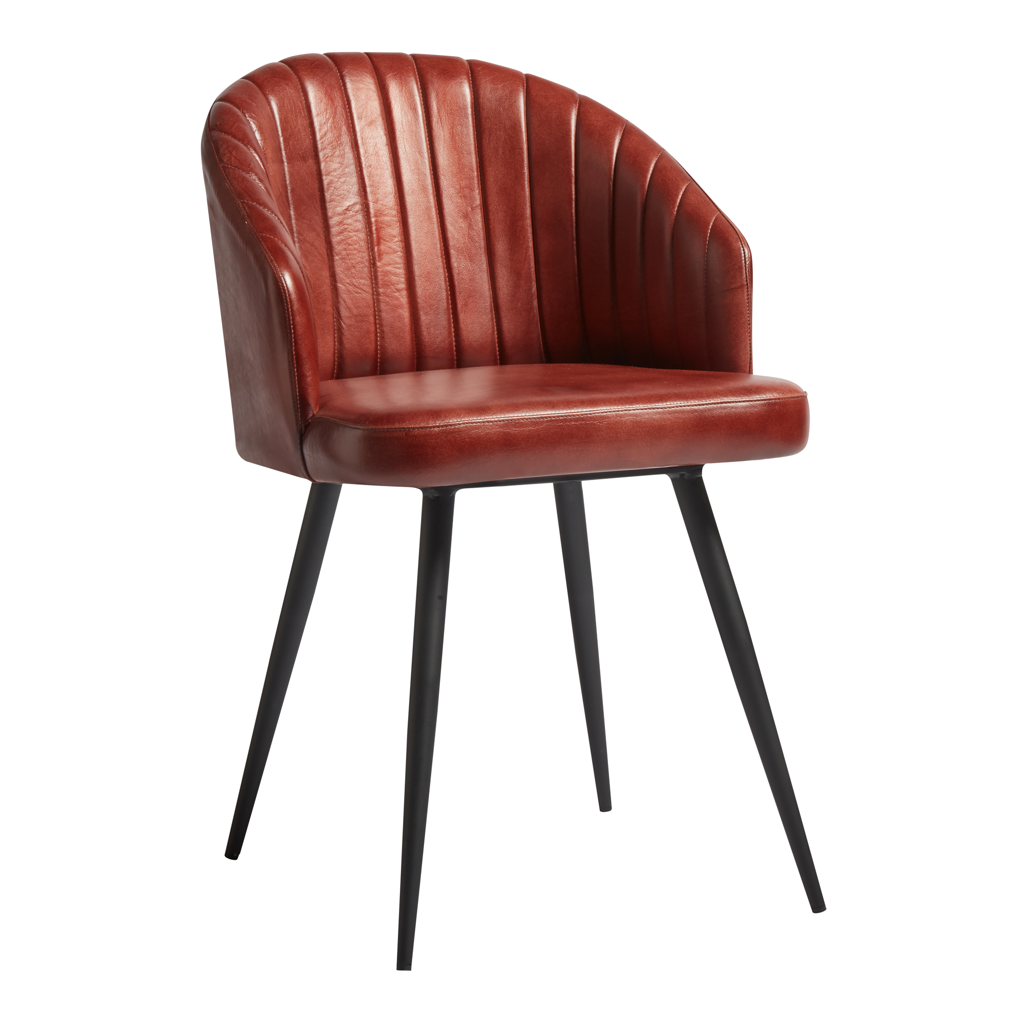 Brooklyn Leather Tub Chair - Vintage Red with vertical stitched detailing, curved backrest, and slender black metal legs designed for stylish commercial or hospitality interiors.