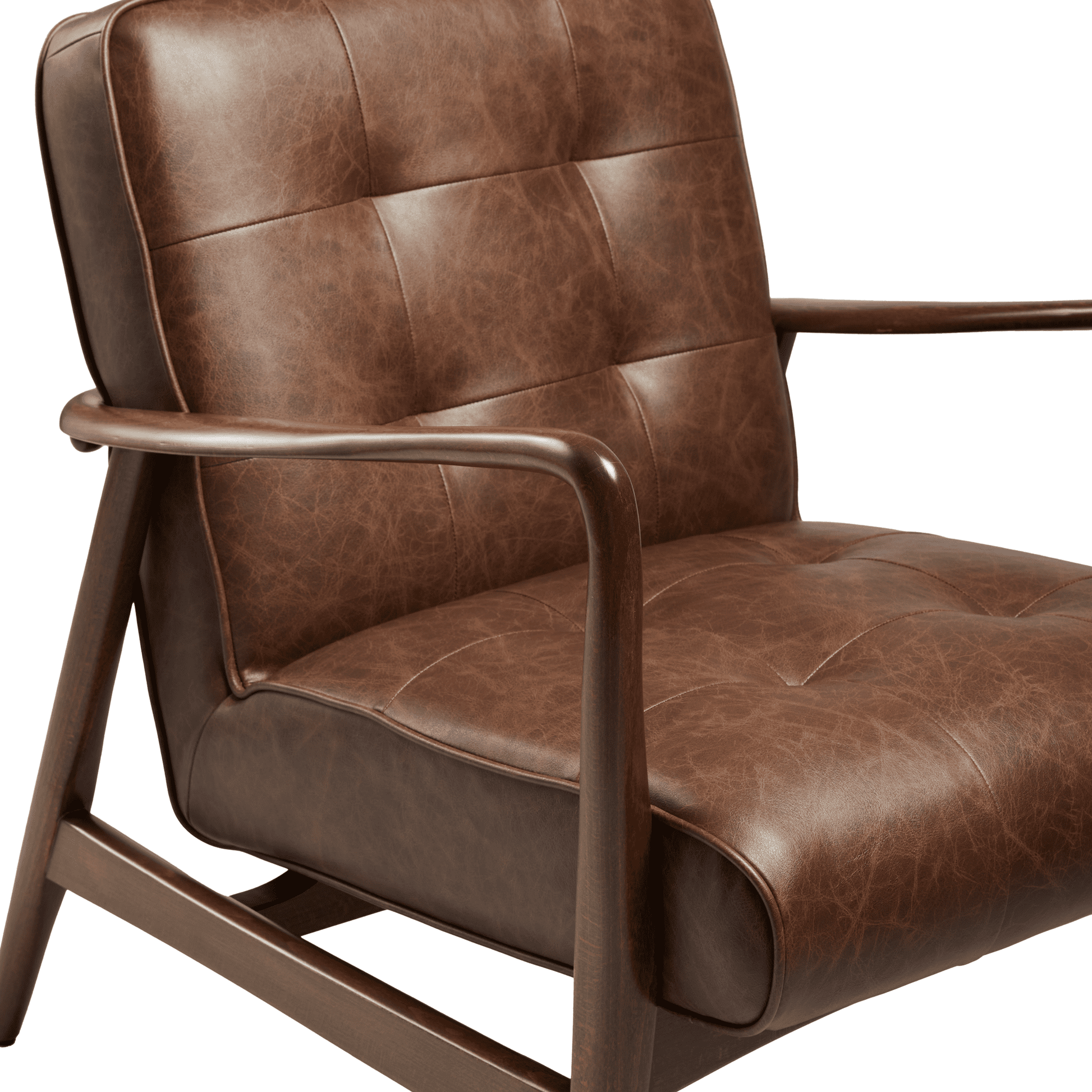 Close-up of the Darwen Lounge Armchair - Vintage Brown showcasing its vintage brown leather upholstery and smooth wooden armrests with a classic tufted design.