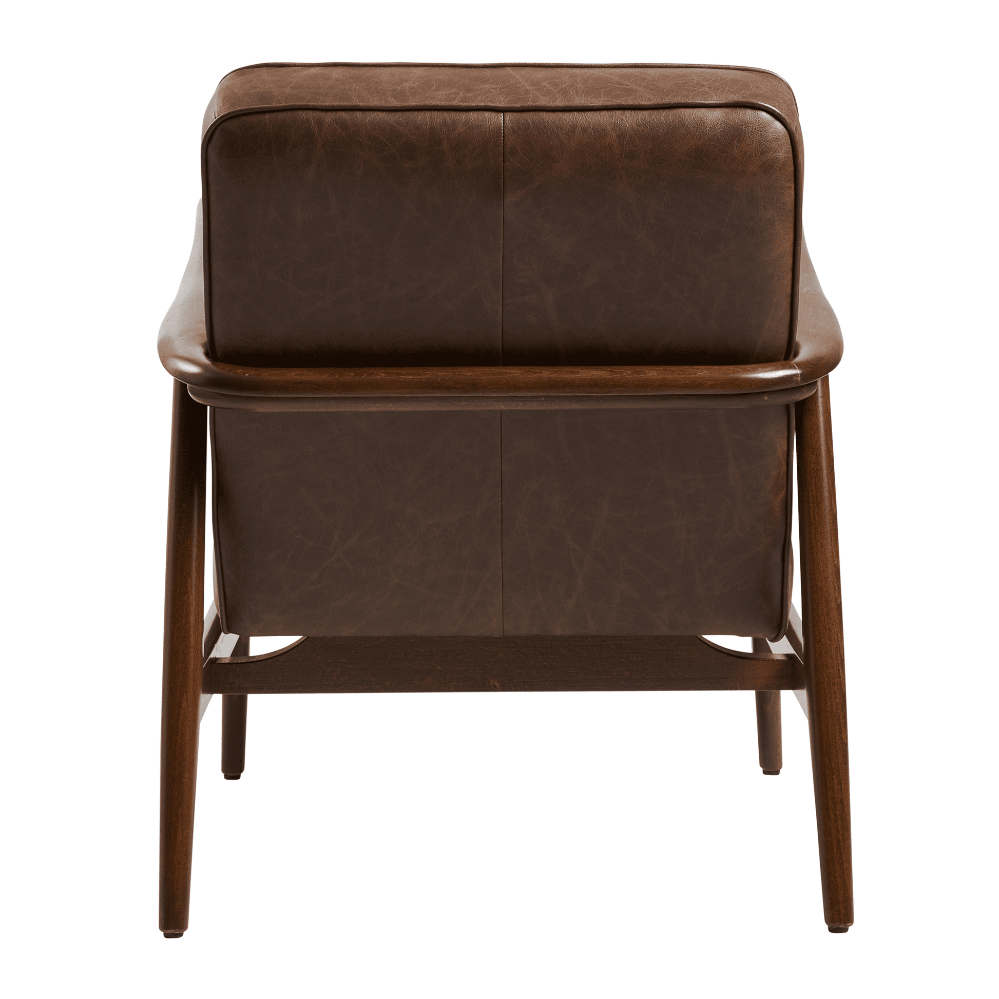 Darwen Lounge Armchair - Vintage Brown showing the back view with rich brown leather upholstery and elegant wooden frame, designed for stylish commercial and hospitality interiors.