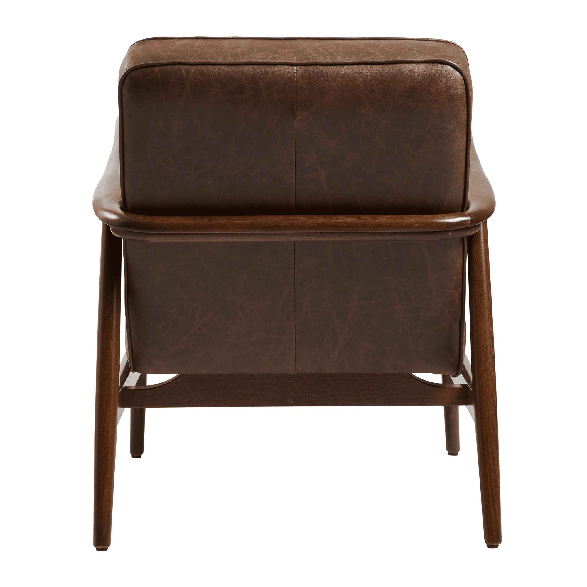 Darwen Lounge Armchair - Vintage Brown showing the back view with rich brown leather upholstery and elegant wooden frame, designed for stylish commercial and hospitality interiors.