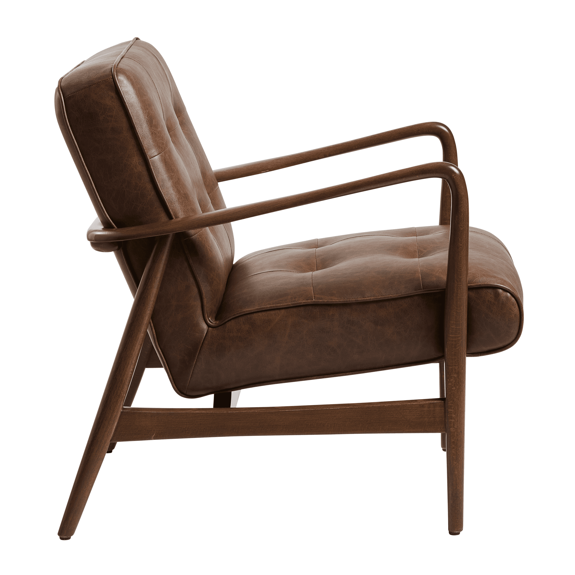 Darwen Lounge Armchair - Vintage Brown featuring a sleek wooden frame with curved armrests and cushioned vintage brown leather upholstery designed for comfort and style.