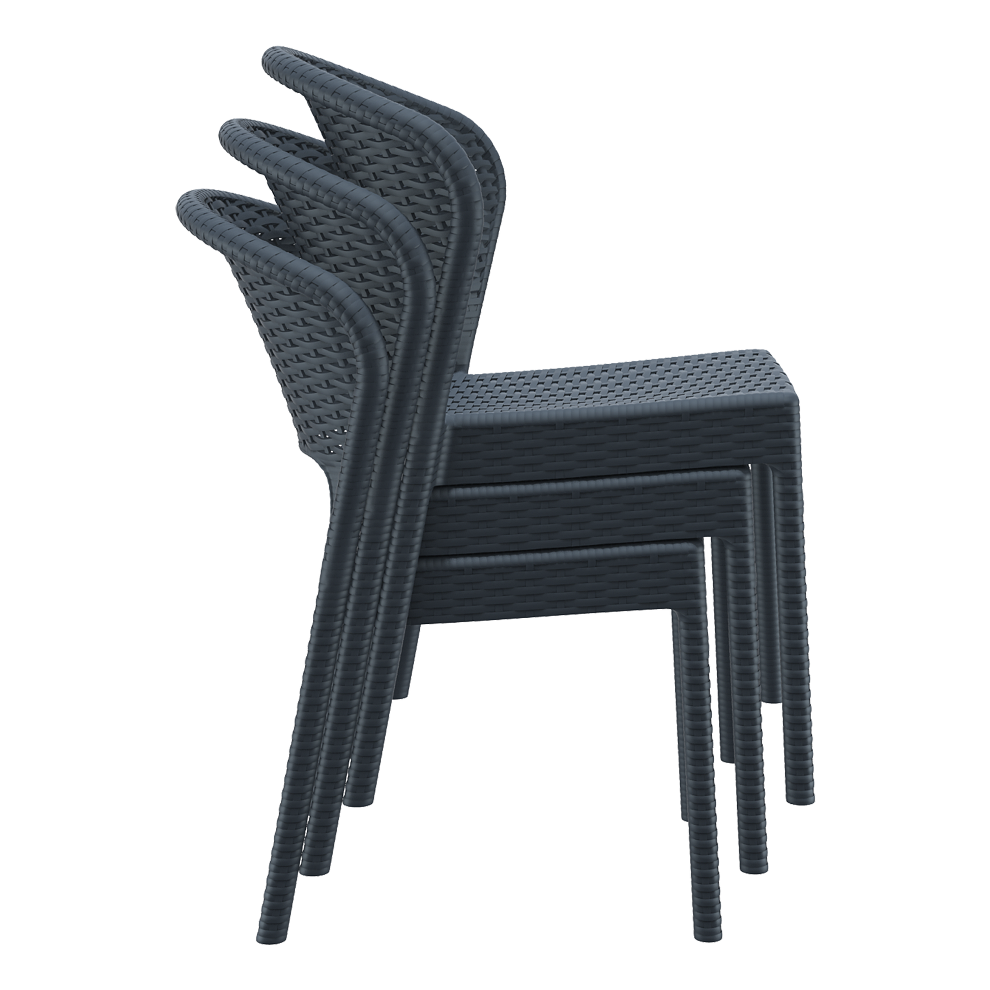 Stacked set of three Daytona Rattan Side Chair - Dark Grey with woven rattan texture designed for commercial and hospitality use.