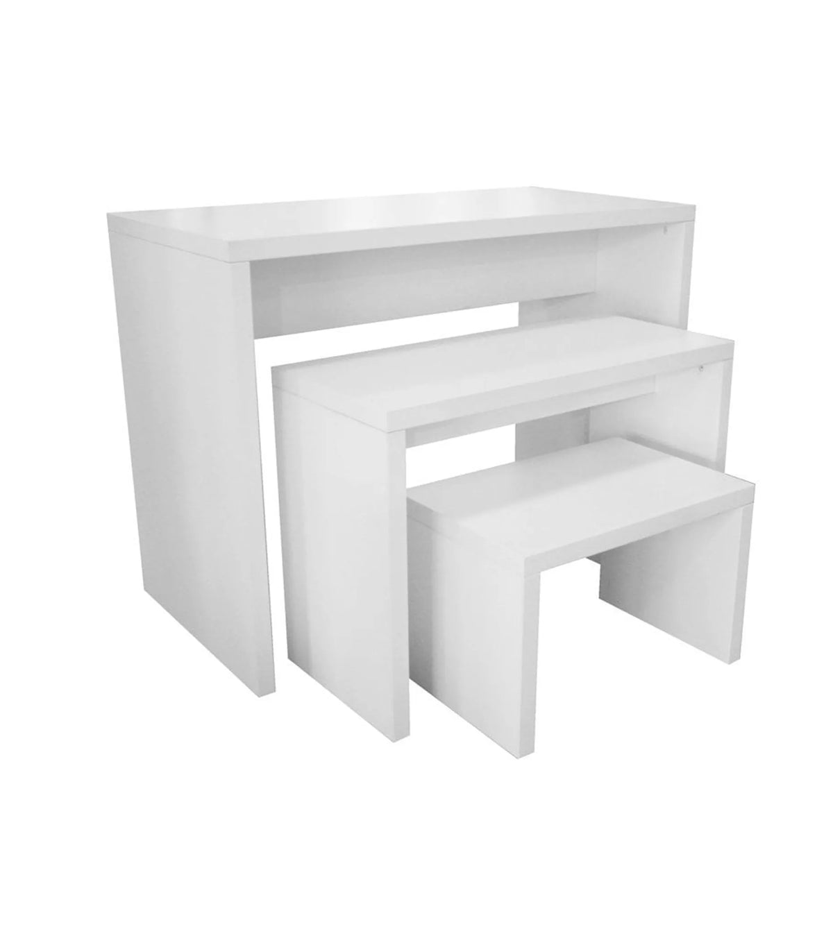 Large white merchandising table grouped with coordinating retail display tables at different heights