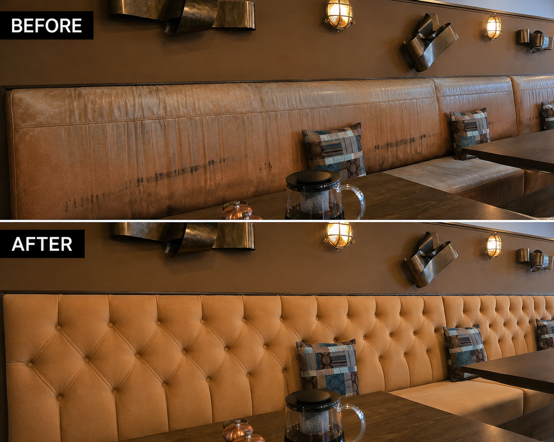Before and after comparison of a restaurant booth with cleaning results.