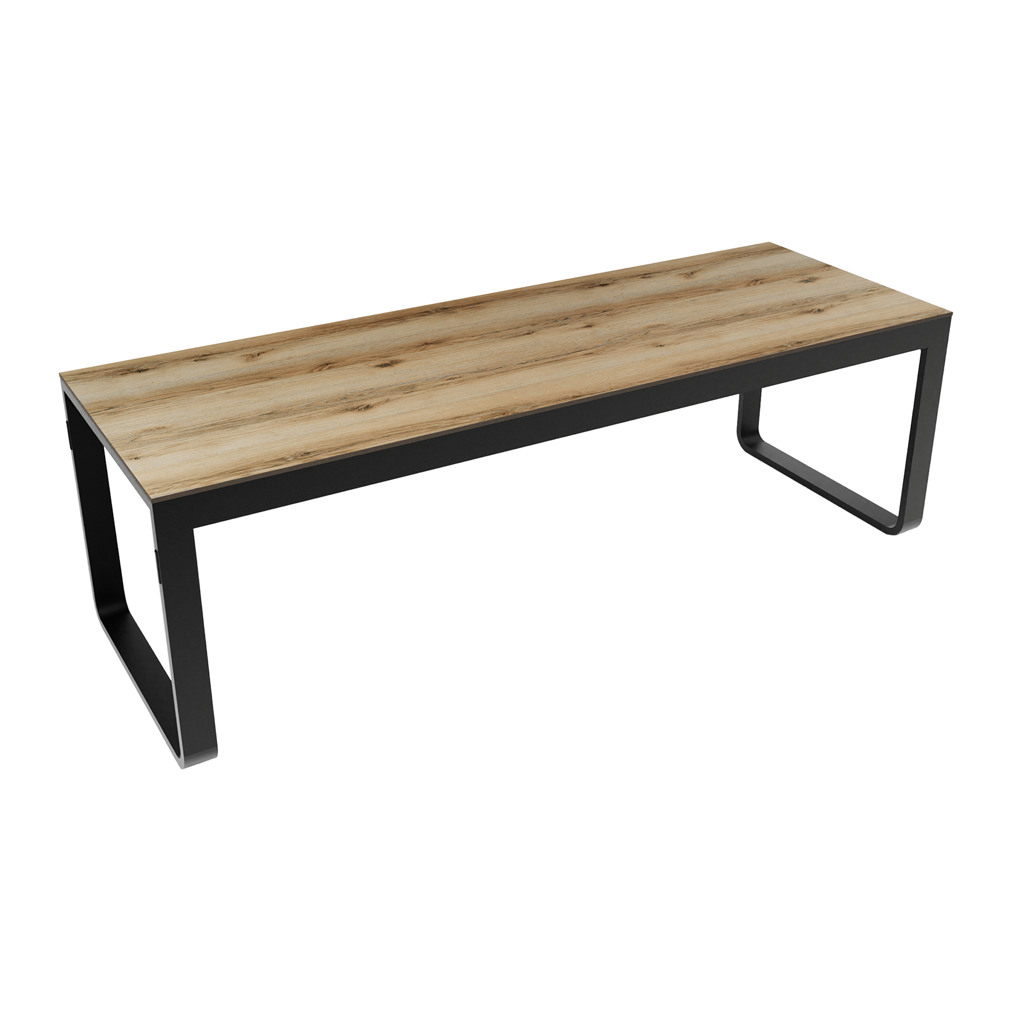 Flow Grande Standing Table - Black Aluminium - Black HPL Top - 230x80cm with a sleek black aluminum frame and a wood-effect tabletop, ideal for commercial and office environments.