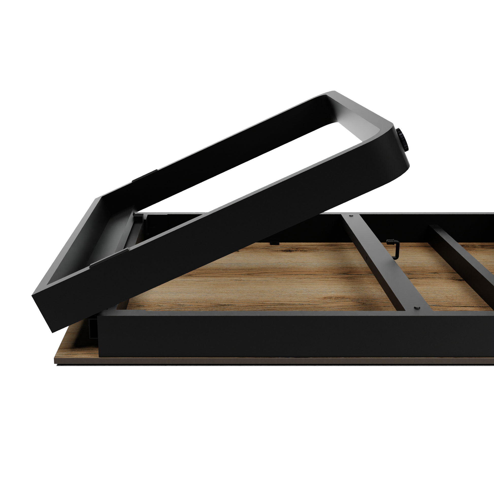 Close-up of the black aluminium frame and lifting mechanism over the wooden top of the Flow Grande Standing Table - Black Aluminium - Black HPL Top - 230x80cm, highlighting durable commercial-grade construction.