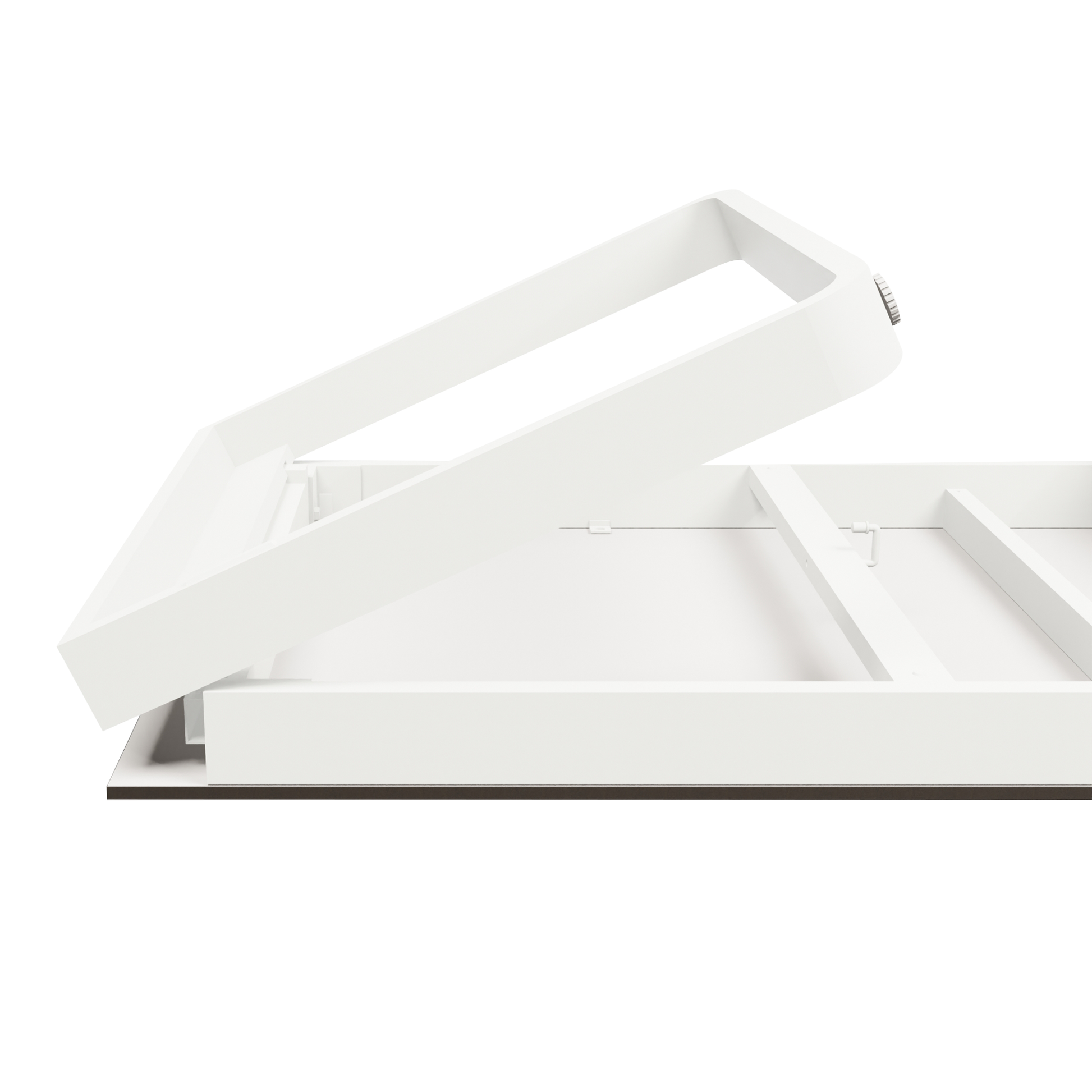 Close-up view of the white aluminium frame mechanism on the Flow Grande Standing Table - White Aluminium - White HPL Top - 230x80cm, highlighting its commercial-grade construction and durability.