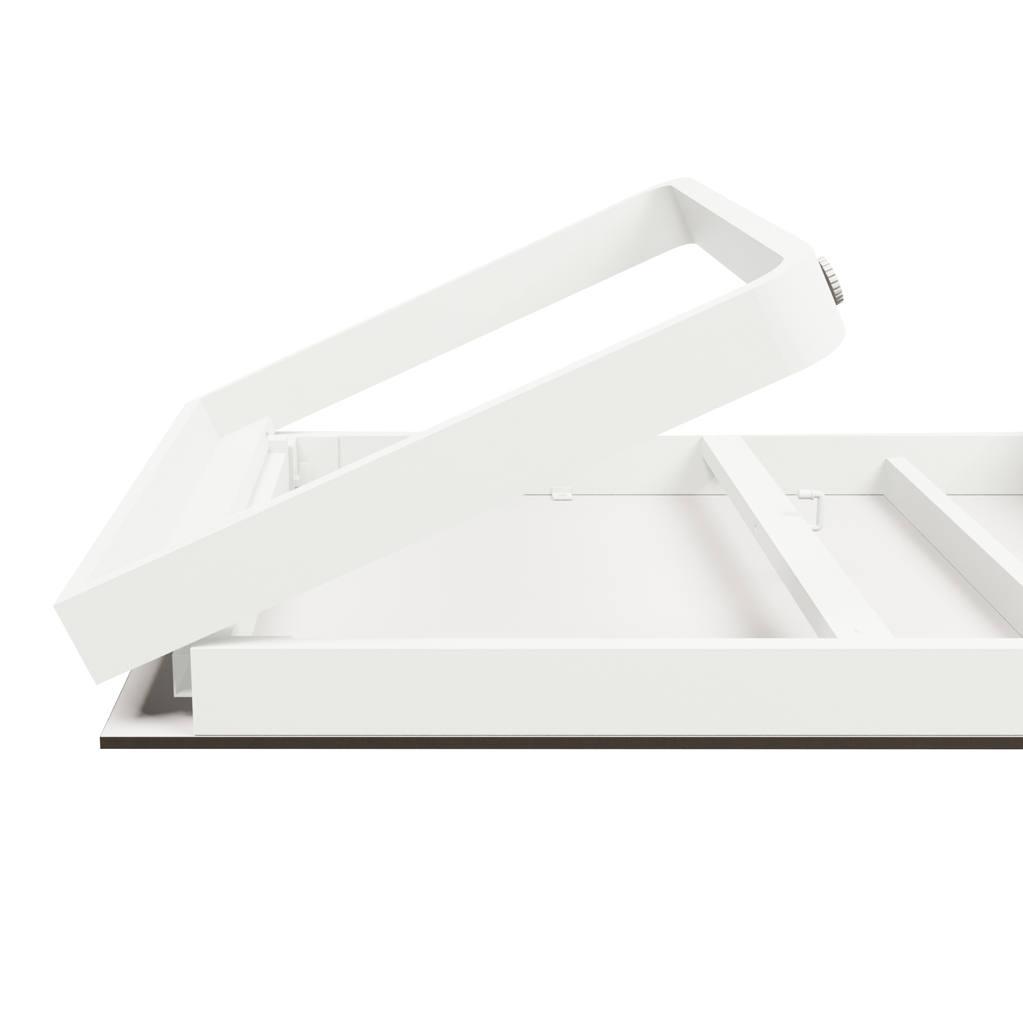 Close-up view of the white aluminium frame mechanism on the Flow Grande Standing Table - White Aluminium - White HPL Top - 230x80cm, highlighting its commercial-grade construction and durability.
