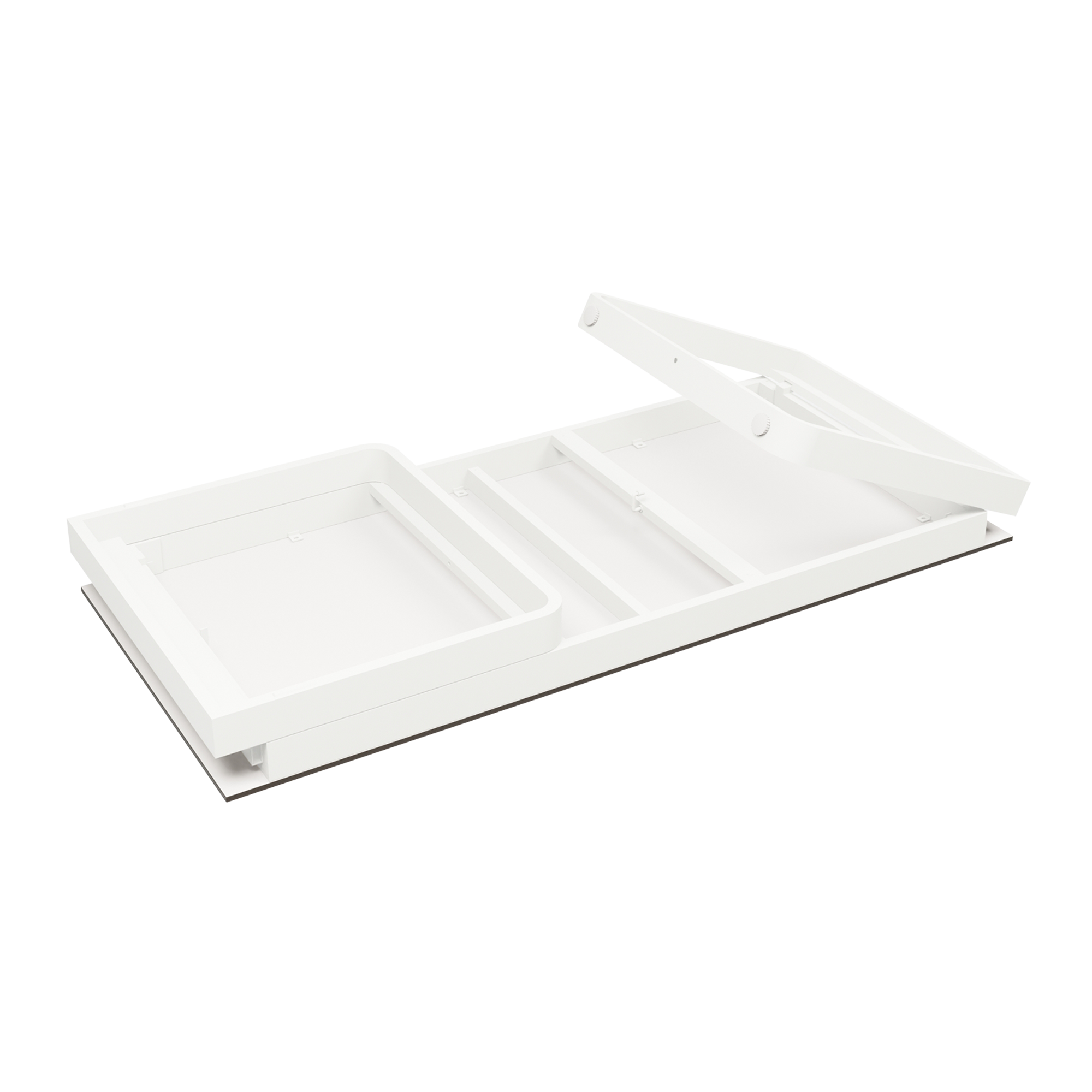 White aluminium frame and support structure of the Flow Grande Standing Table - White Aluminium - White HPL Top - 230x80cm, showing detailed construction and lift mechanism.