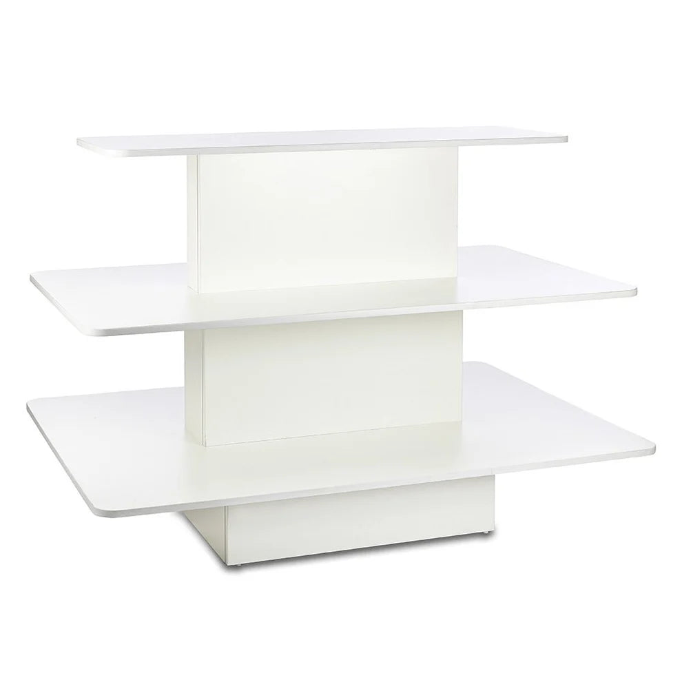 Silhouette white 3-tier rectangular island display gondola for commercial retail interiors
