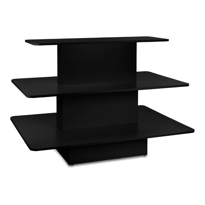 Front view of black three-tier rectangular freestanding retail display gondola