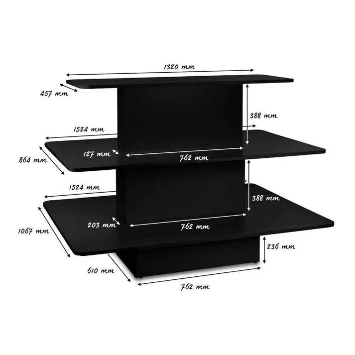 Black three-tier rectangular shop display gondola with graduated shelving