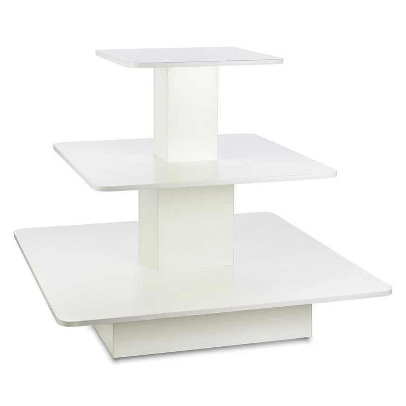 White Silhouette 3-tier square island display gondola with three stacked shelves