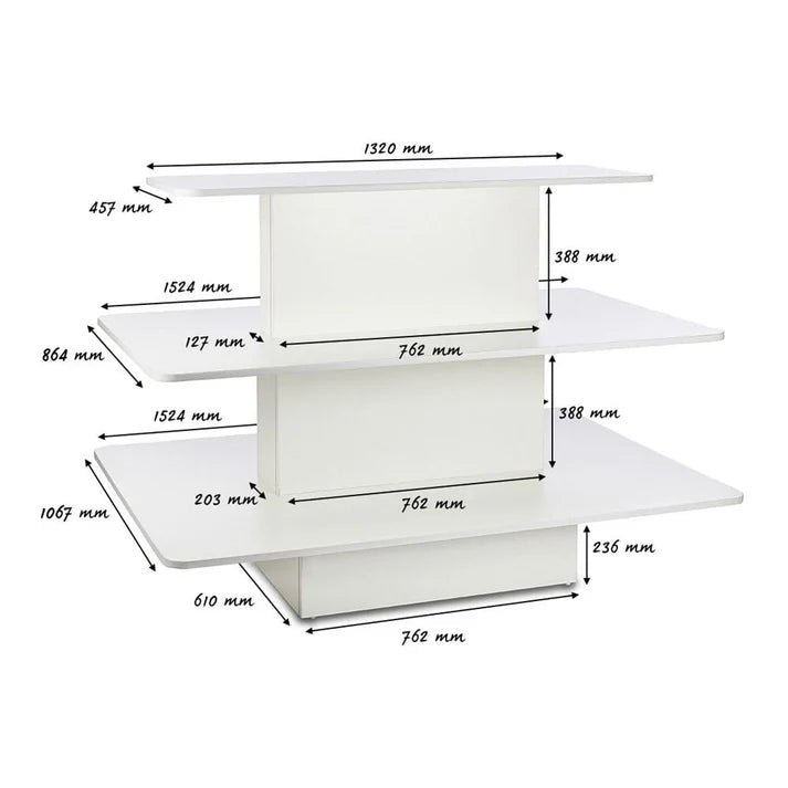 Silhouette stepped retail display gondola in white melamine