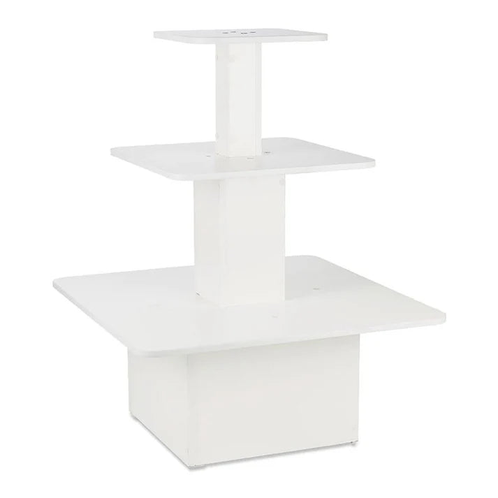Silhouette small white 3-tier square island display gondola for commercial retail interiors