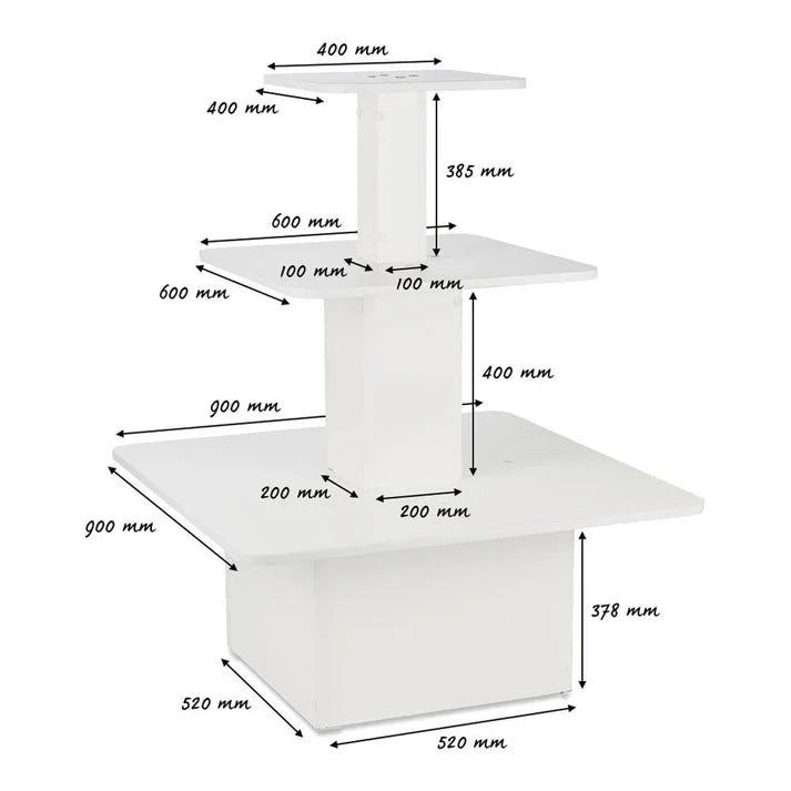 Small white three-tier square shop display island with graduated shelving