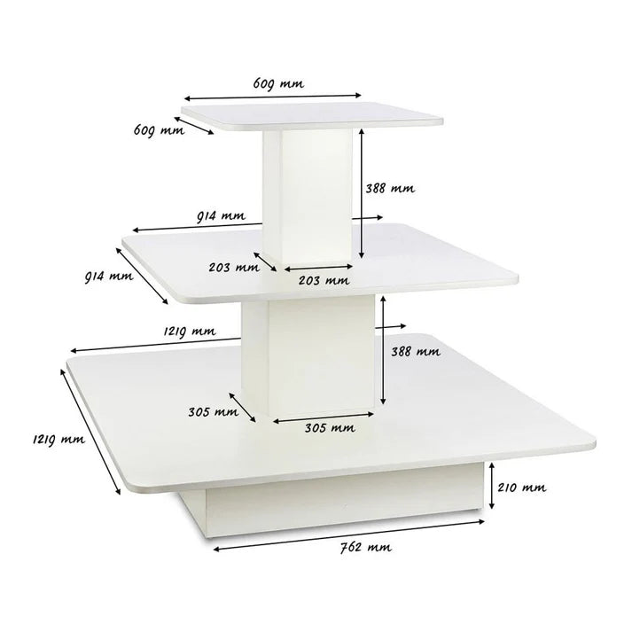 Silhouette 3-Tier Square Island Display Gondola in white with dimension labels