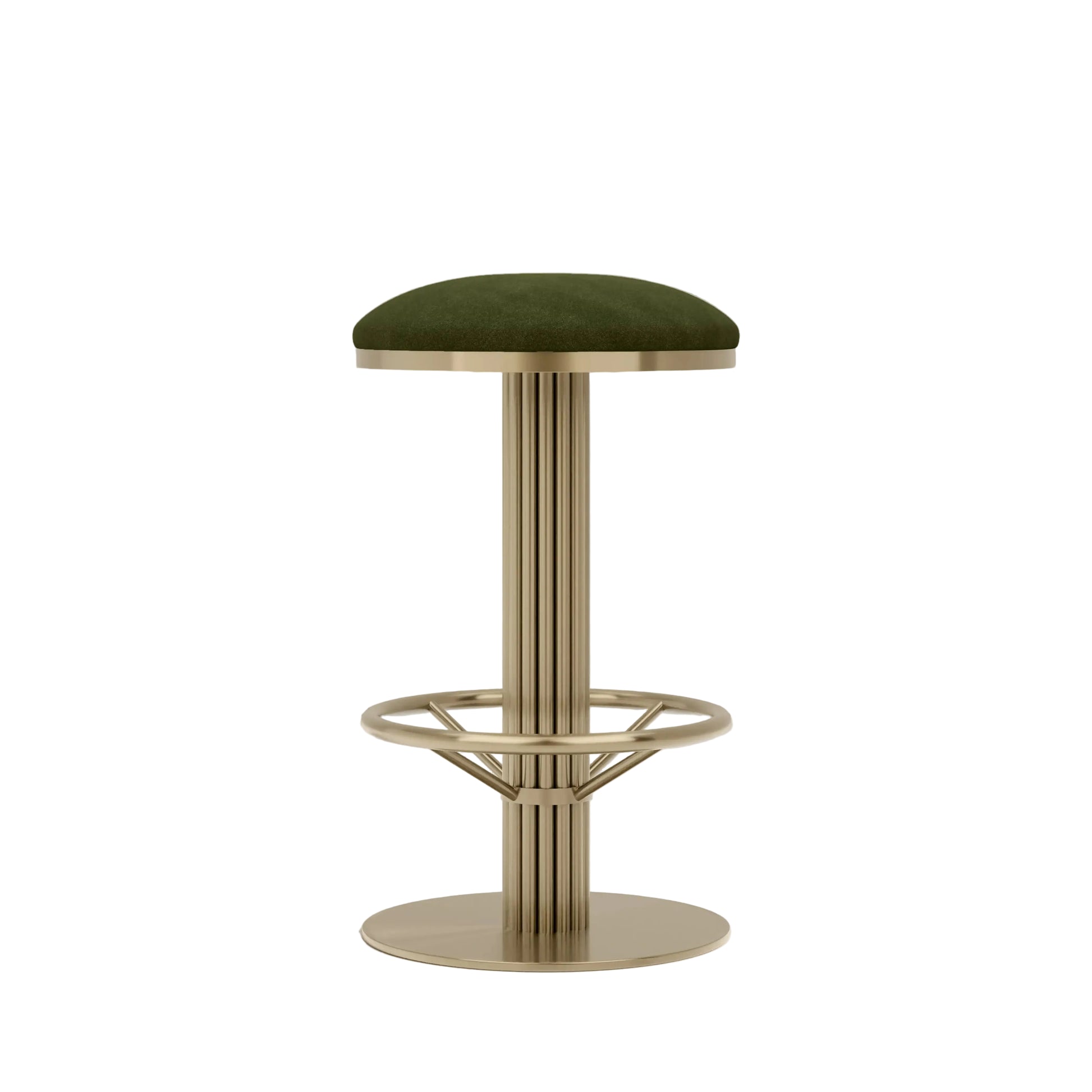 Rafferty Bar Swivel Stool upholstered in olive green velvet with a brass-finished stainless steel frame, featuring decorative vertical ridges, a circular footrest, and swivel functionality, designed for luxury hospitality, hotel, restaurant, and bar interiors. Bar stool with green cushioned seat and brass base on a beige background