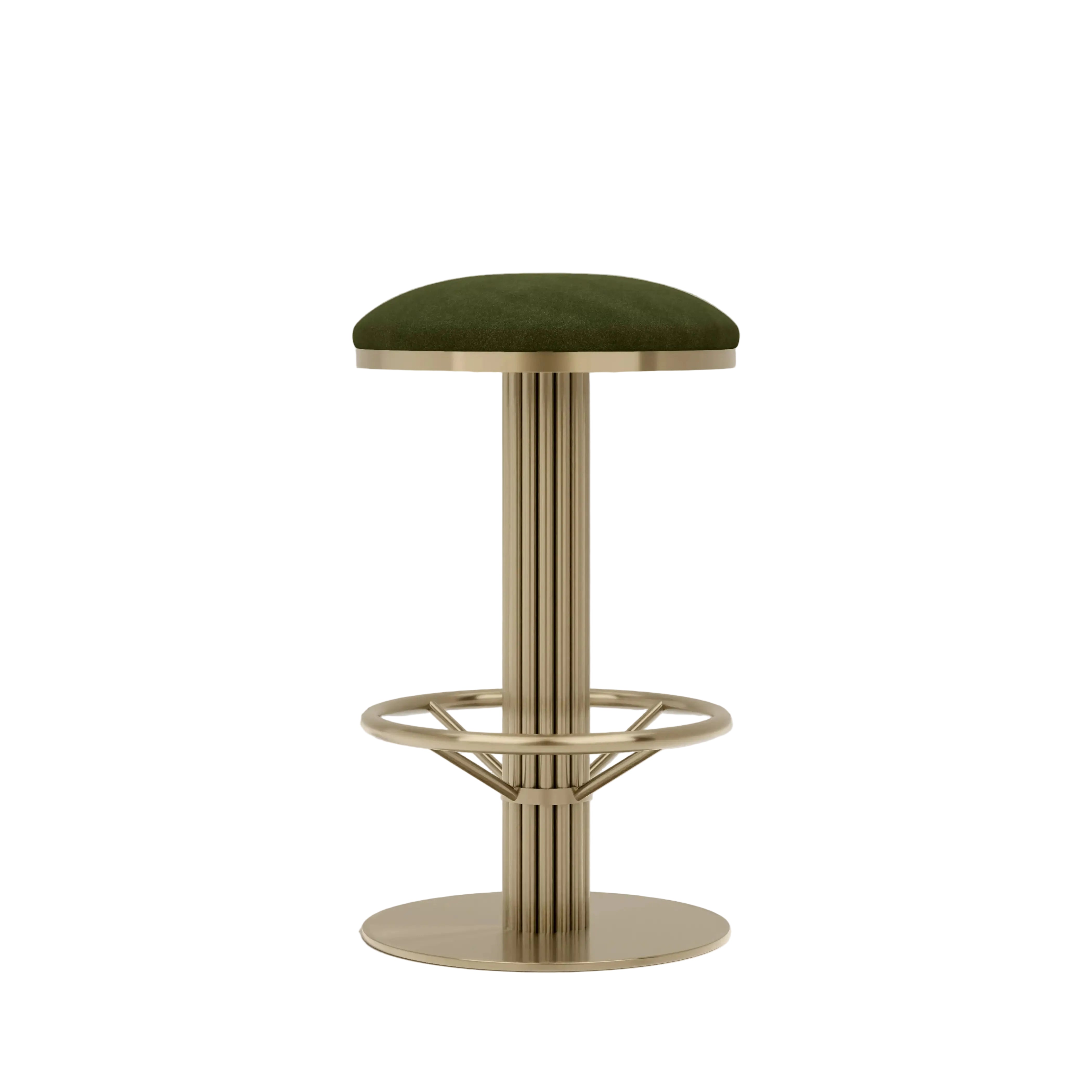 Rafferty Bar Swivel Stool upholstered in olive green velvet with a brass-finished stainless steel frame, featuring decorative vertical ridges, a circular footrest, and swivel functionality, designed for luxury hospitality, hotel, restaurant, and bar interiors. Bar stool with green cushioned seat and brass base on a beige background