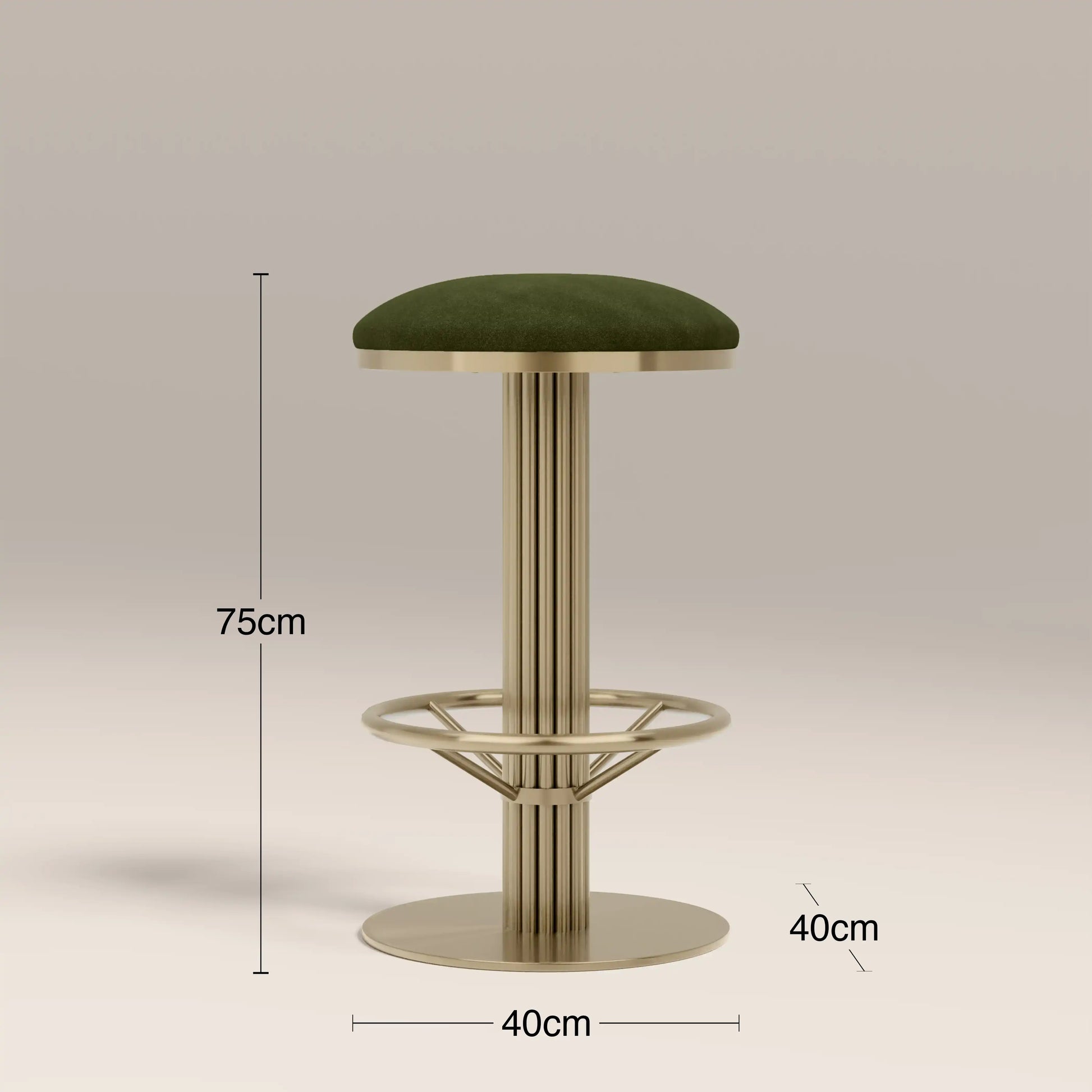 Rafferty Bar Swivel Stool upholstered in olive green velvet with a brass-finished stainless steel frame, featuring decorative vertical ridges, a circular footrest, and swivel functionality, designed for luxury hospitality, hotel, restaurant, and bar interiors. Green bar stool with gold metal frame and dimensions on a gray background